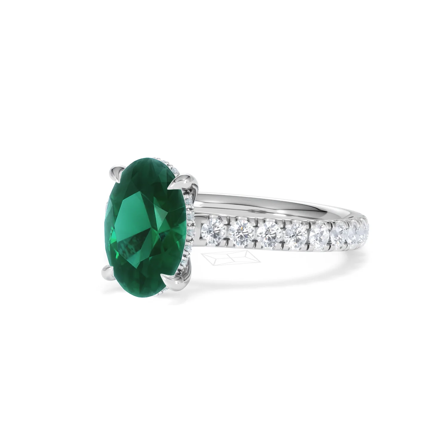Amora Gem 2.00ct Oval Cut Lab Emerald Hidden Halo Engagement Ring with Side Stones in 18K White Gold - Image 81