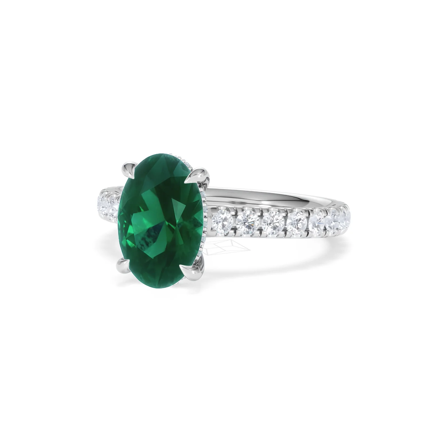 Amora Gem 2.00ct Oval Cut Lab Emerald Hidden Halo Engagement Ring with Side Stones in 18K White Gold - Image 83
