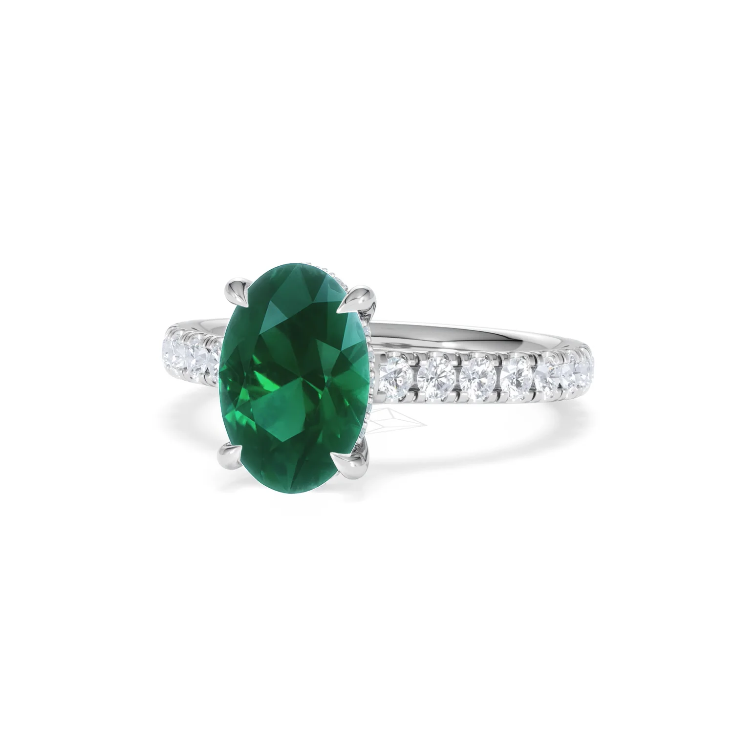 Amora Gem 2.00ct Oval Cut Lab Emerald Hidden Halo Engagement Ring with Side Stones in 18K White Gold - Image 84