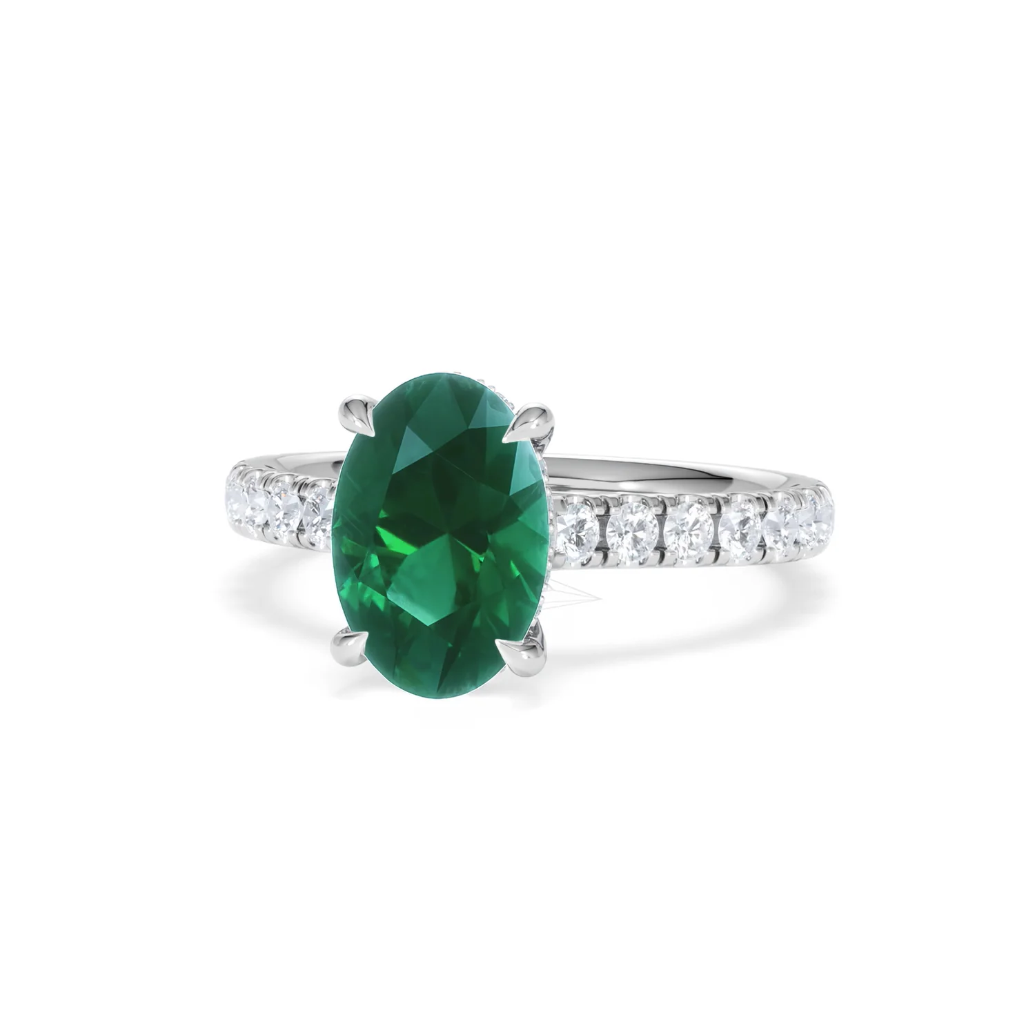 Amora Gem 2.00ct Oval Cut Lab Emerald Hidden Halo Engagement Ring with Side Stones in 18K White Gold - Image 85
