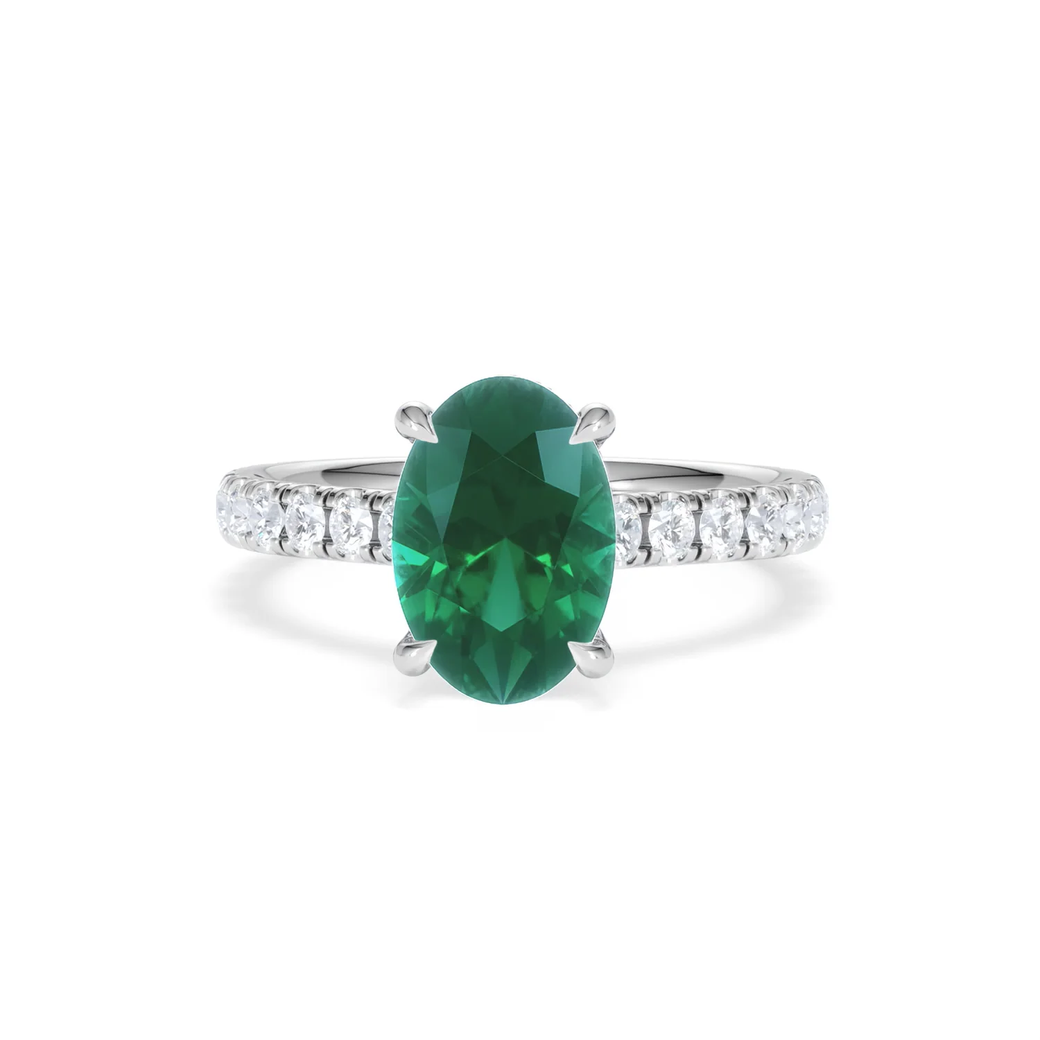 Amora Gem 2.00ct Oval Cut Lab Emerald Hidden Halo Engagement Ring with Side Stones in 18K White Gold - Image 87