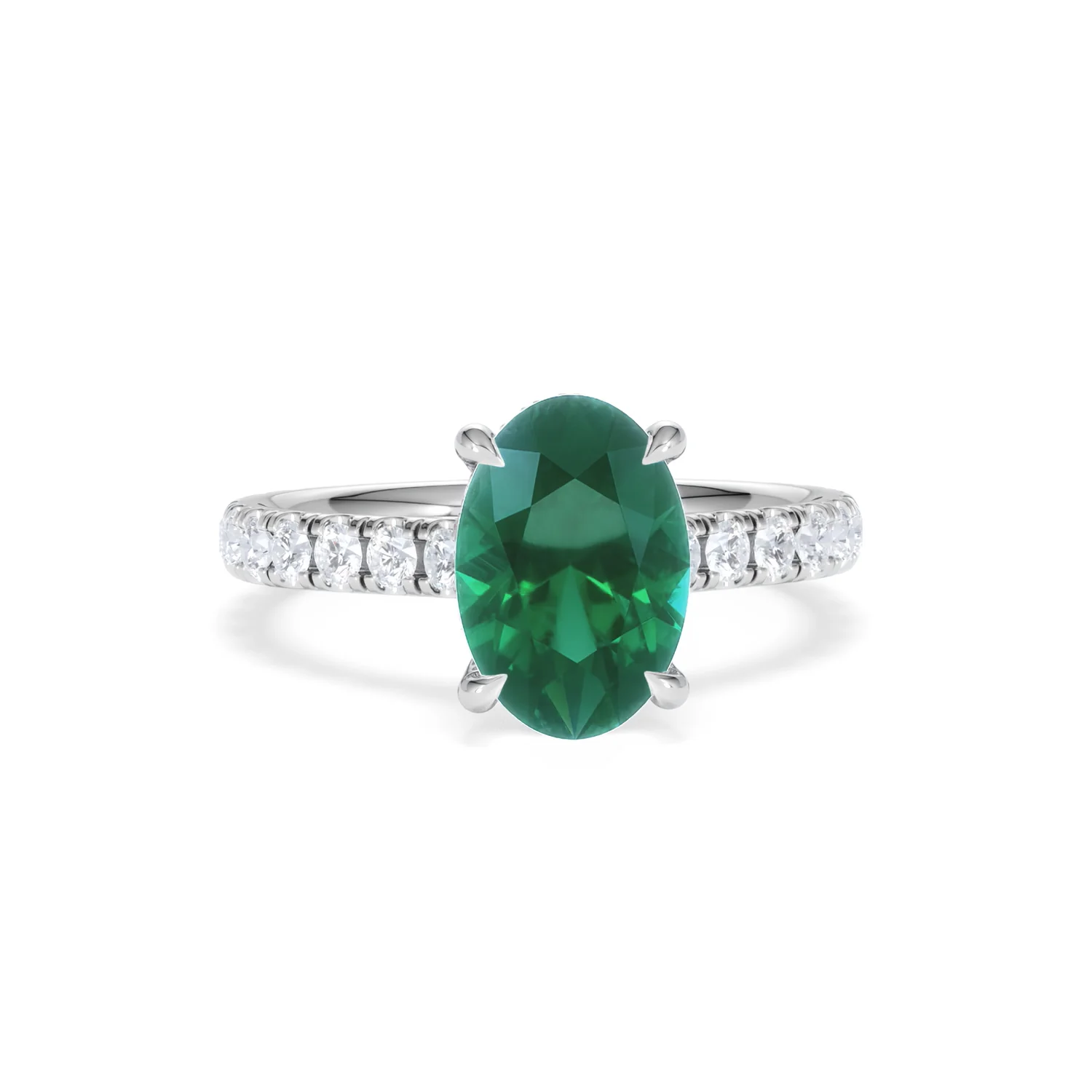 Amora Gem 2.00ct Oval Cut Lab Emerald Hidden Halo Engagement Ring with Side Stones in 18K White Gold - Image 9
