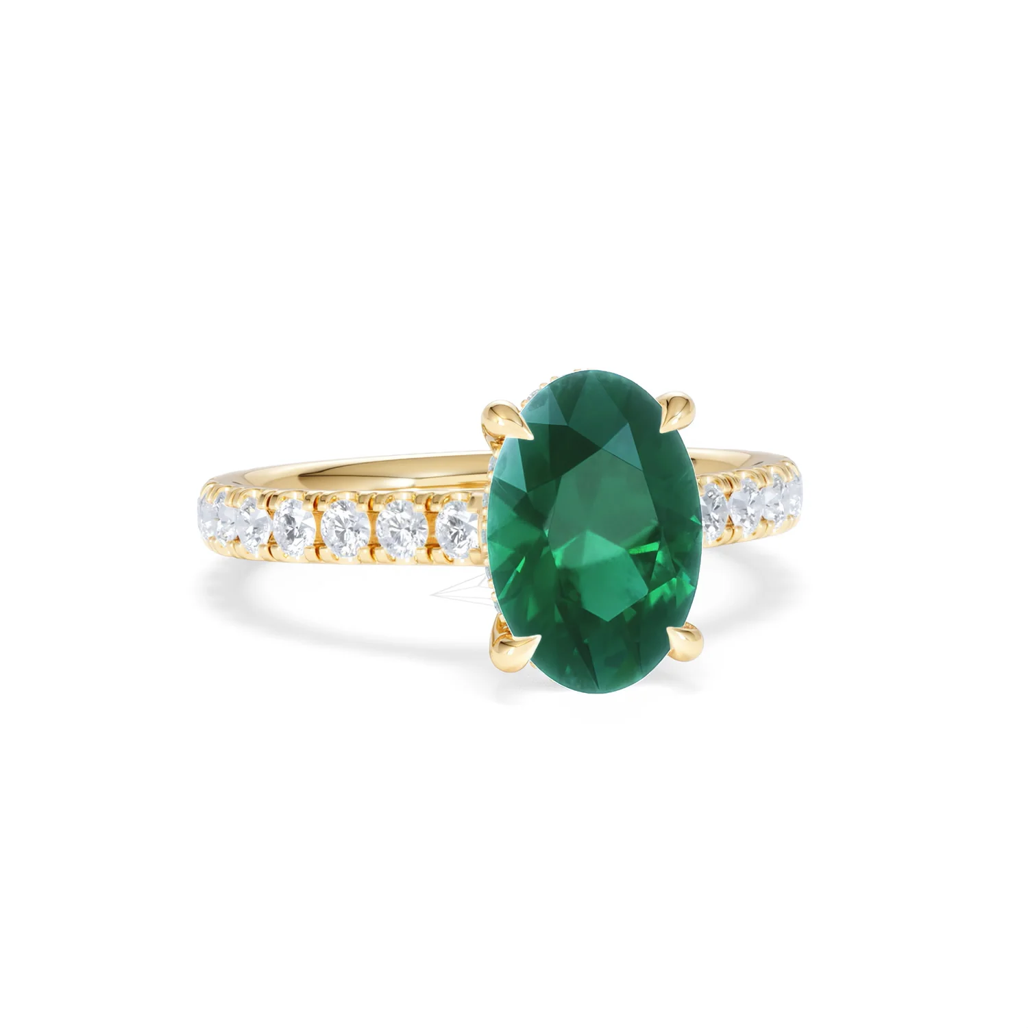Amora Gem 2.00ct Oval Cut Lab Emerald Hidden Halo Engagement Ring with Side Stones in 18K Yellow Gold - Image 11