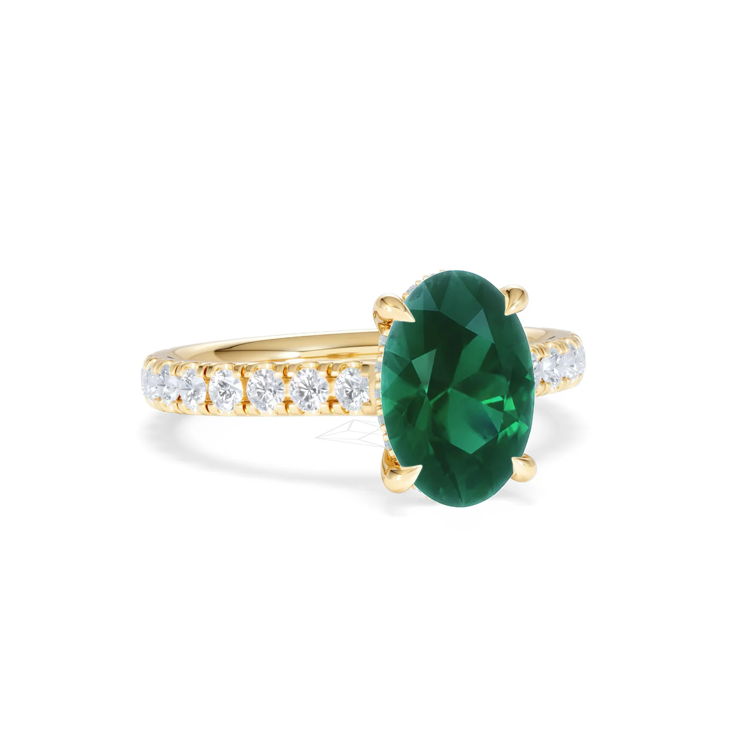 Amora Gem 2.00ct Oval Cut Lab Emerald Hidden Halo Engagement Ring with Side Stones in 18K Yellow Gold - Image 12