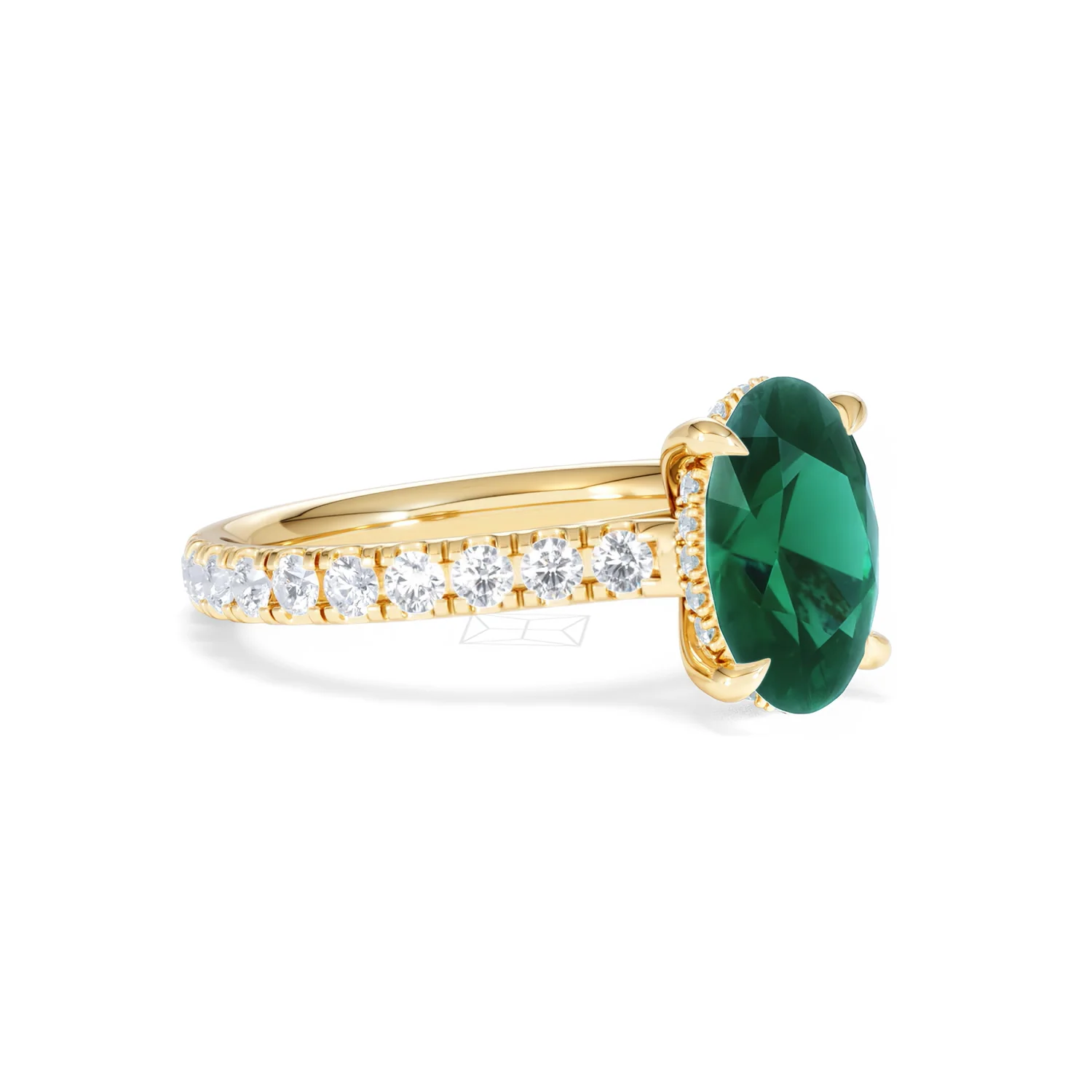 Amora Gem 2.00ct Oval Cut Lab Emerald Hidden Halo Engagement Ring with Side Stones in 18K Yellow Gold - Image 17
