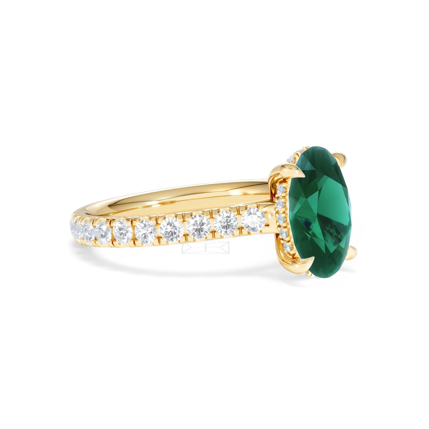 Amora Gem 2.00ct Oval Cut Lab Emerald Hidden Halo Engagement Ring with Side Stones in 18K Yellow Gold - Image 18