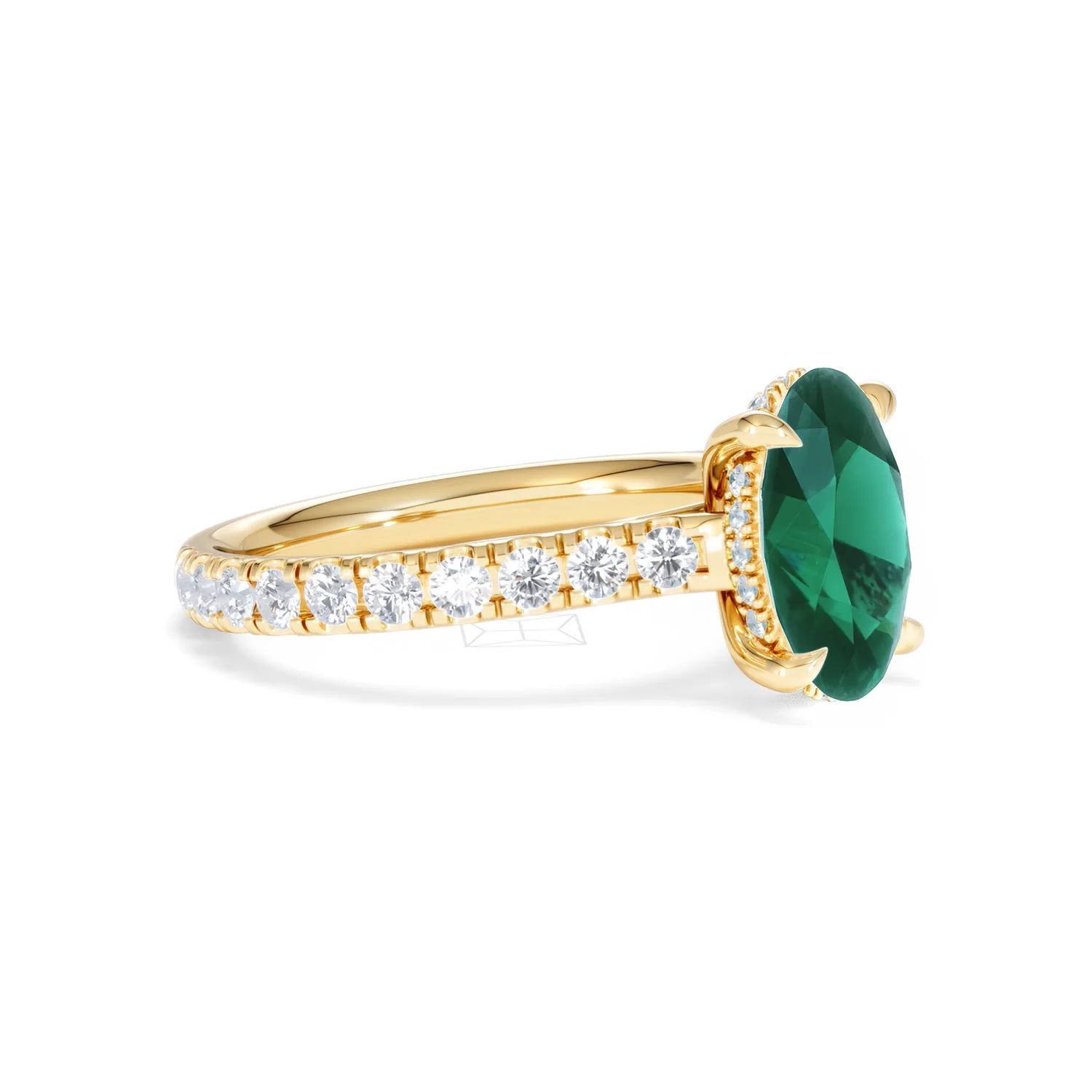 Amora Gem 2.00ct Oval Cut Lab Emerald Hidden Halo Engagement Ring with Side Stones in 18K Yellow Gold - Image 19