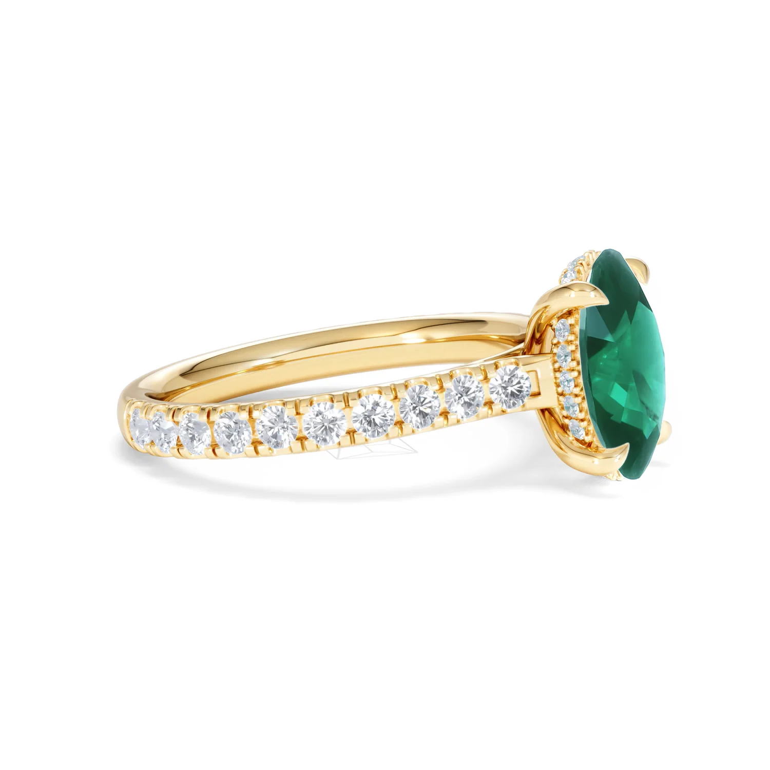 Amora Gem 2.00ct Oval Cut Lab Emerald Hidden Halo Engagement Ring with Side Stones in 18K Yellow Gold - Image 22