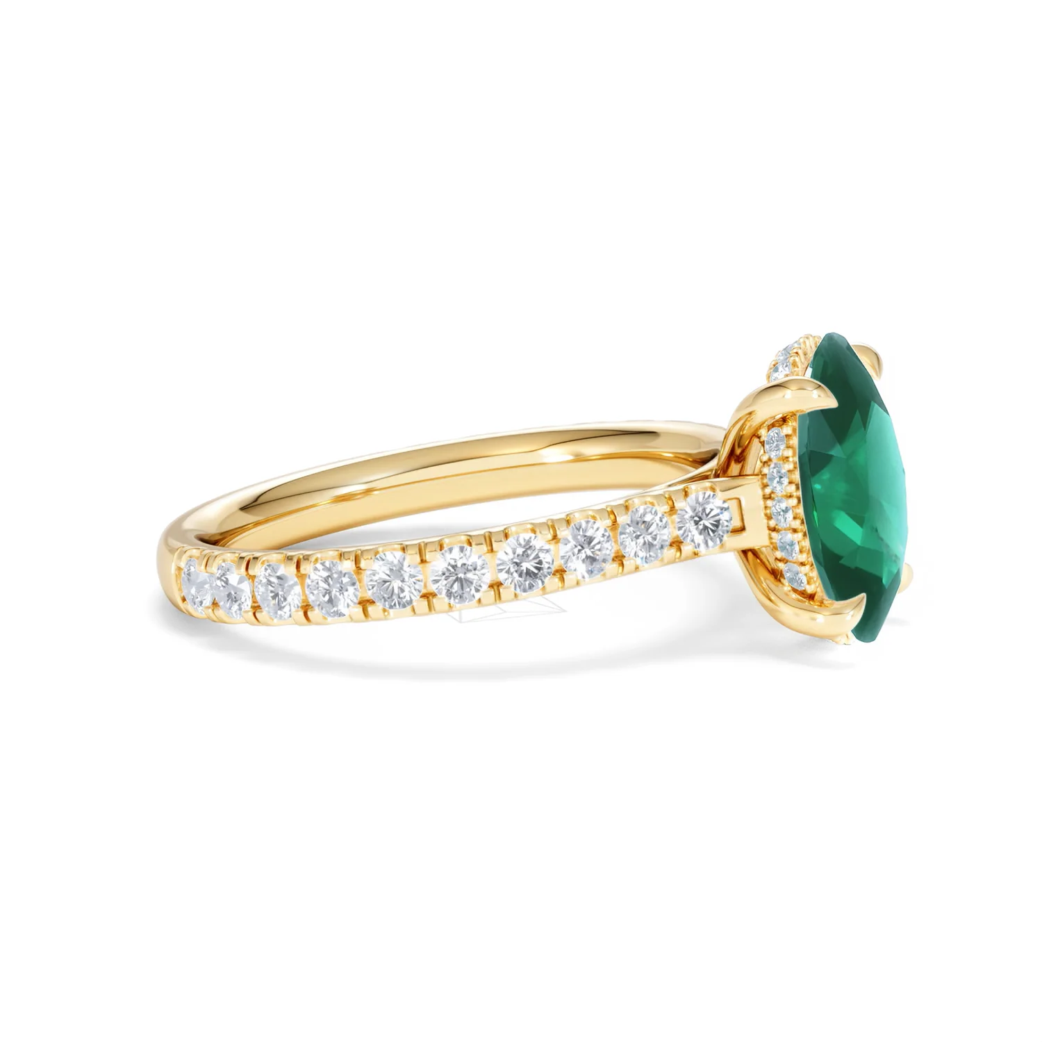 Amora Gem 2.00ct Oval Cut Lab Emerald Hidden Halo Engagement Ring with Side Stones in 18K Yellow Gold - Image 23