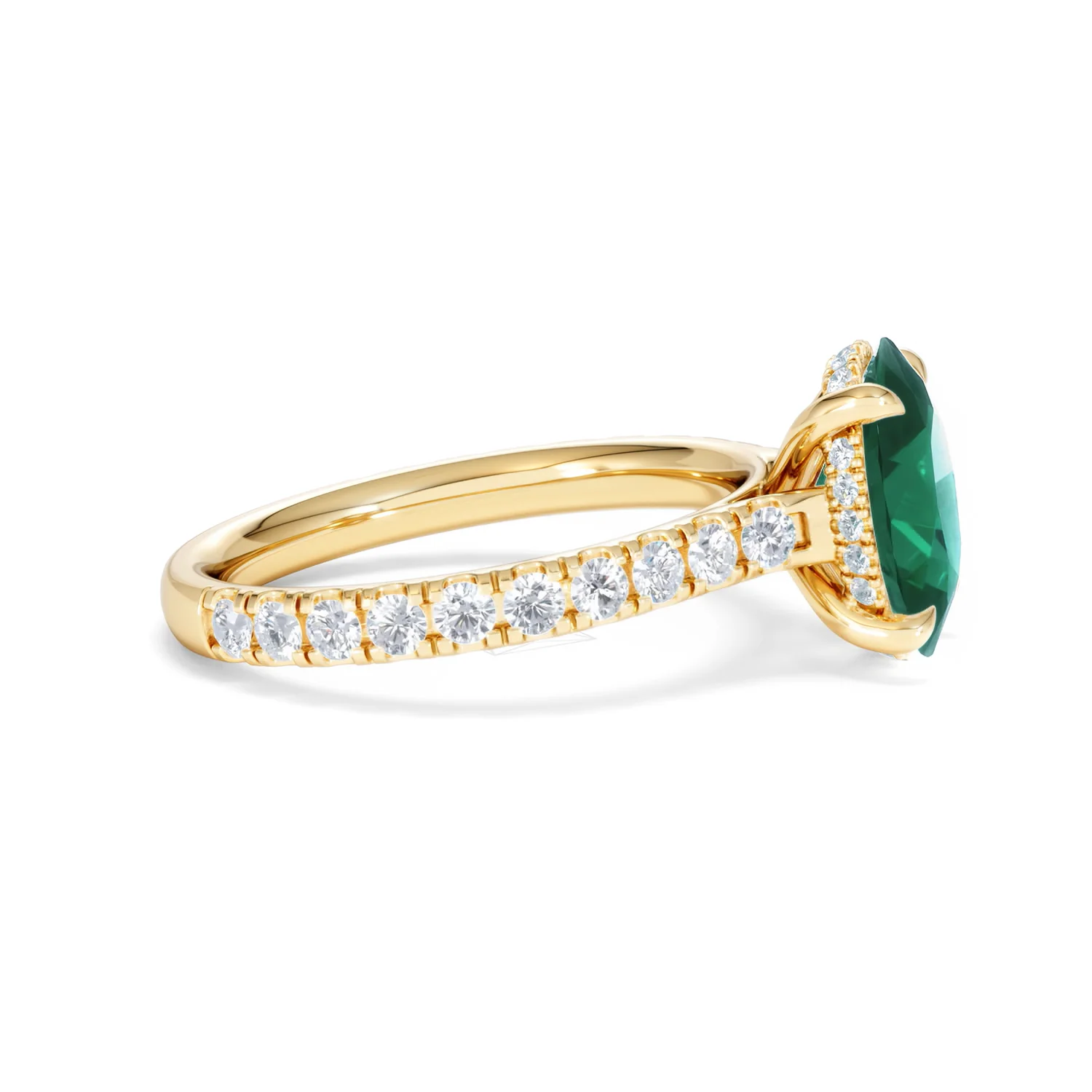 Amora Gem 2.00ct Oval Cut Lab Emerald Hidden Halo Engagement Ring with Side Stones in 18K Yellow Gold - Image 25