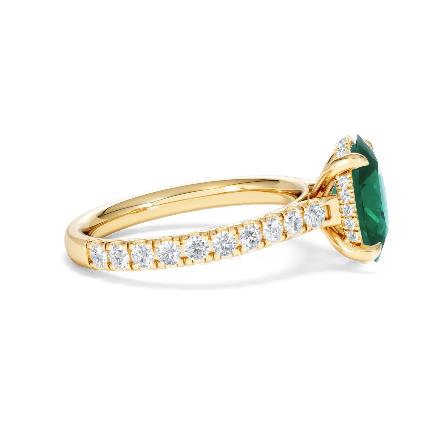 Amora Gem 2.00ct Oval Cut Lab Emerald Hidden Halo Engagement Ring with Side Stones in 18K Yellow Gold - Image 26