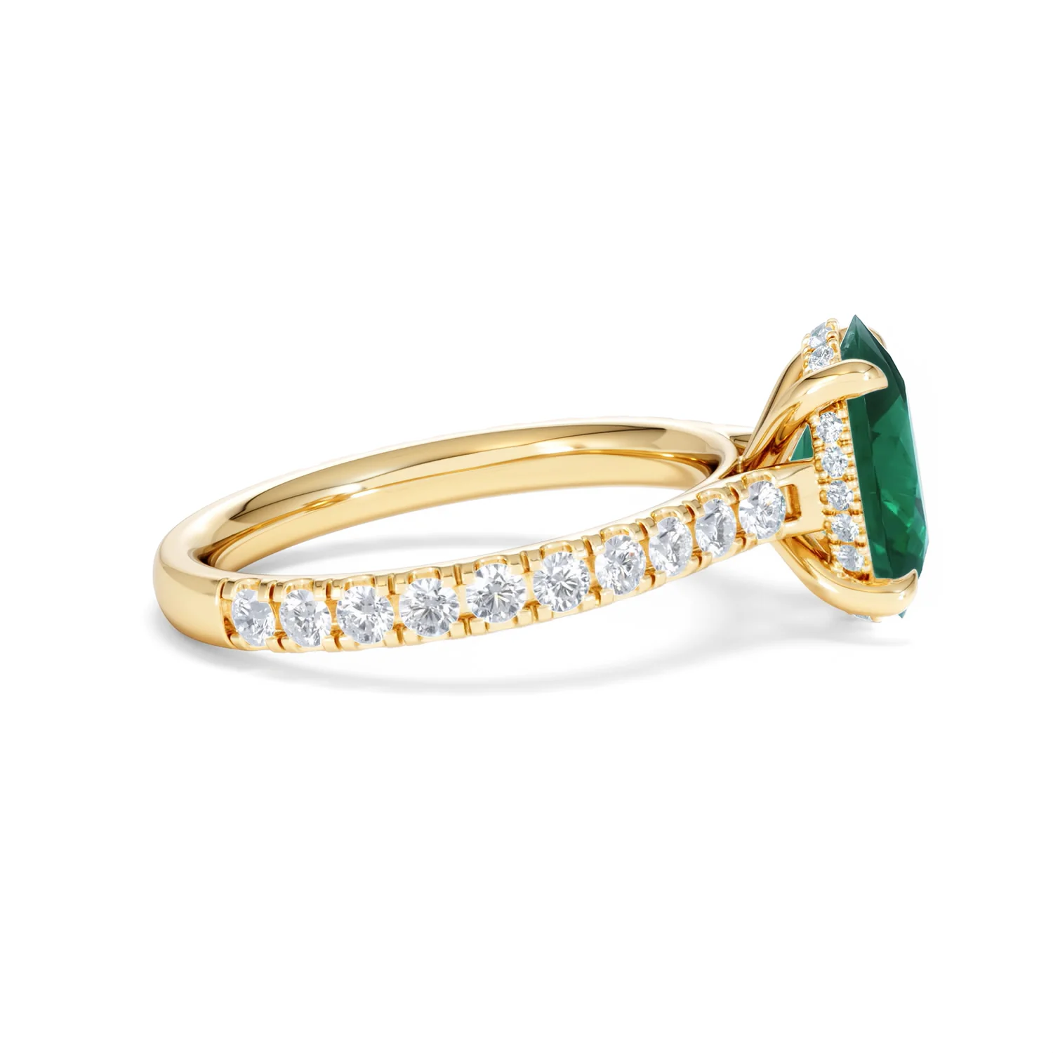 Amora Gem 2.00ct Oval Cut Lab Emerald Hidden Halo Engagement Ring with Side Stones in 18K Yellow Gold - Image 27