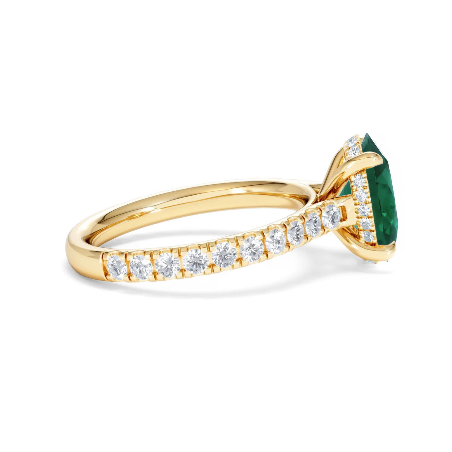Amora Gem 2.00ct Oval Cut Lab Emerald Hidden Halo Engagement Ring with Side Stones in 18K Yellow Gold - Image 28