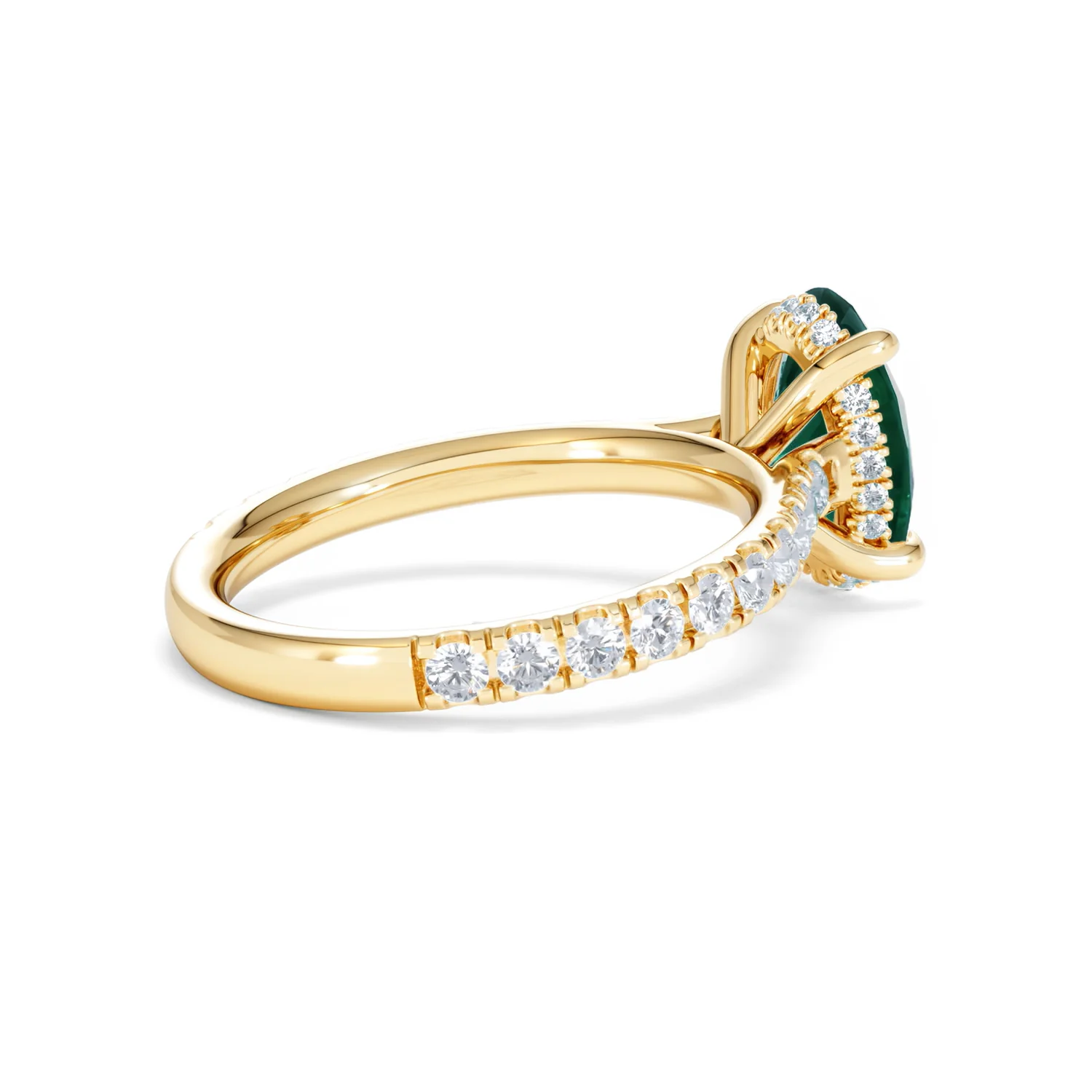 Amora Gem 2.00ct Oval Cut Lab Emerald Hidden Halo Engagement Ring with Side Stones in 18K Yellow Gold - Image 35