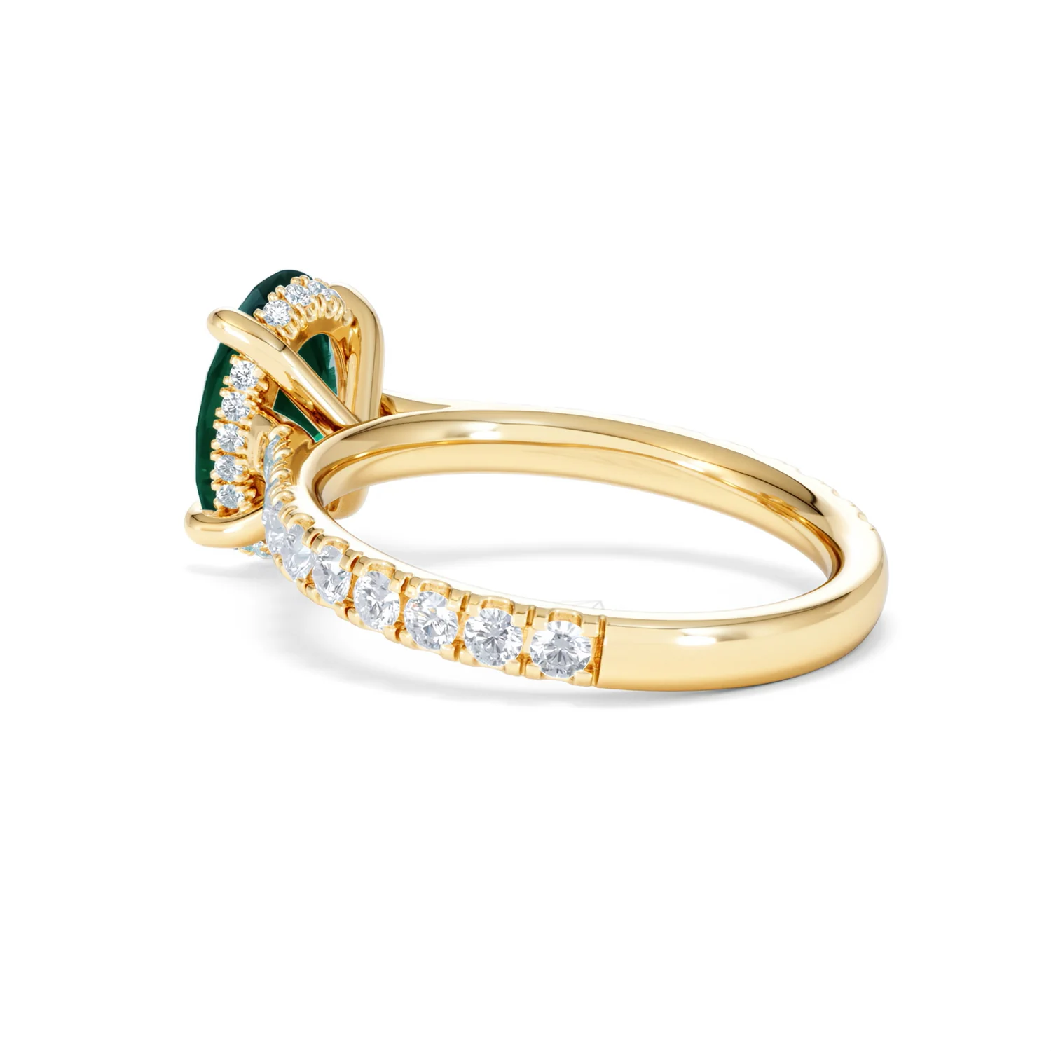 Amora Gem 2.00ct Oval Cut Lab Emerald Hidden Halo Engagement Ring with Side Stones in 18K Yellow Gold - Image 59