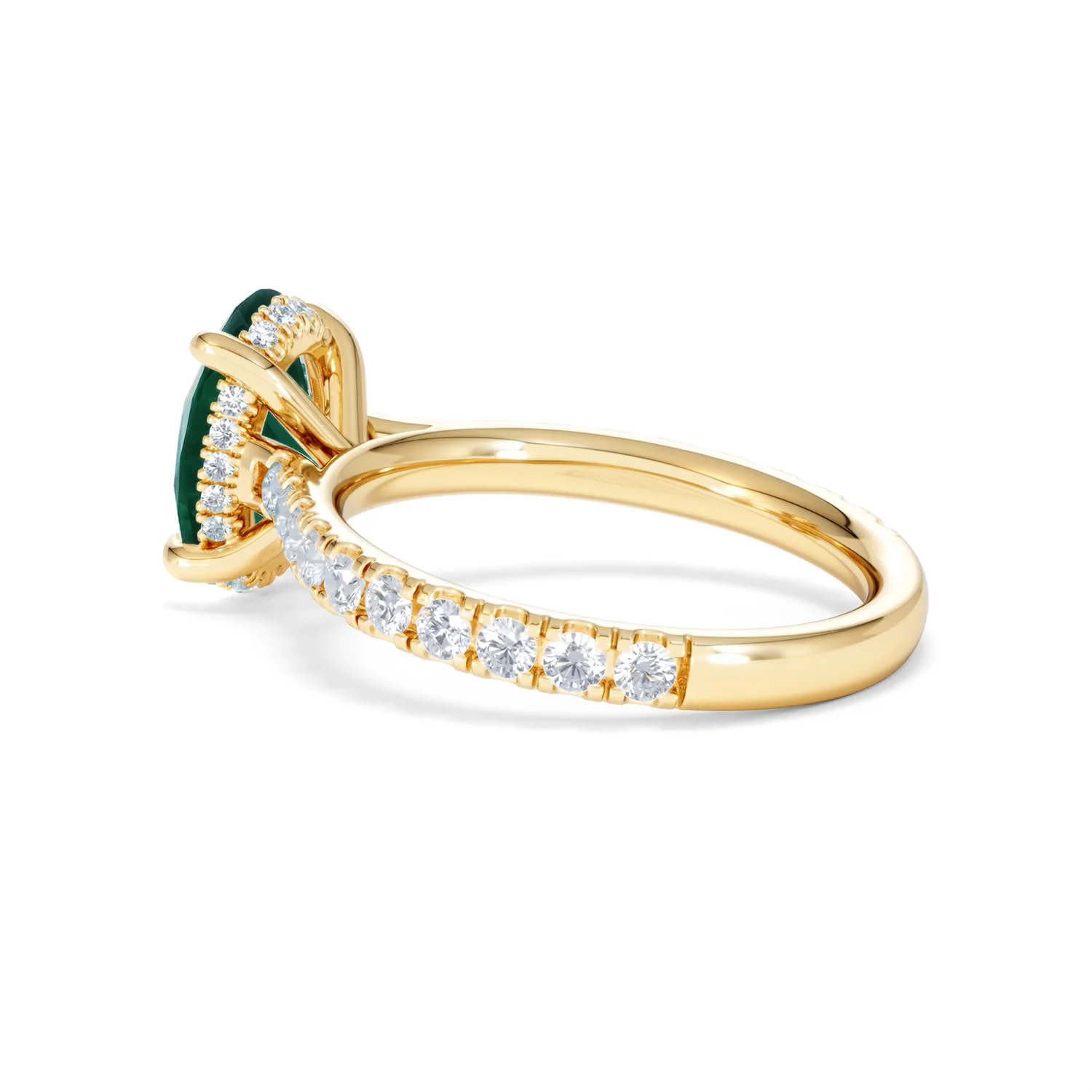 Amora Gem 2.00ct Oval Cut Lab Emerald Hidden Halo Engagement Ring with Side Stones in 18K Yellow Gold - Image 61