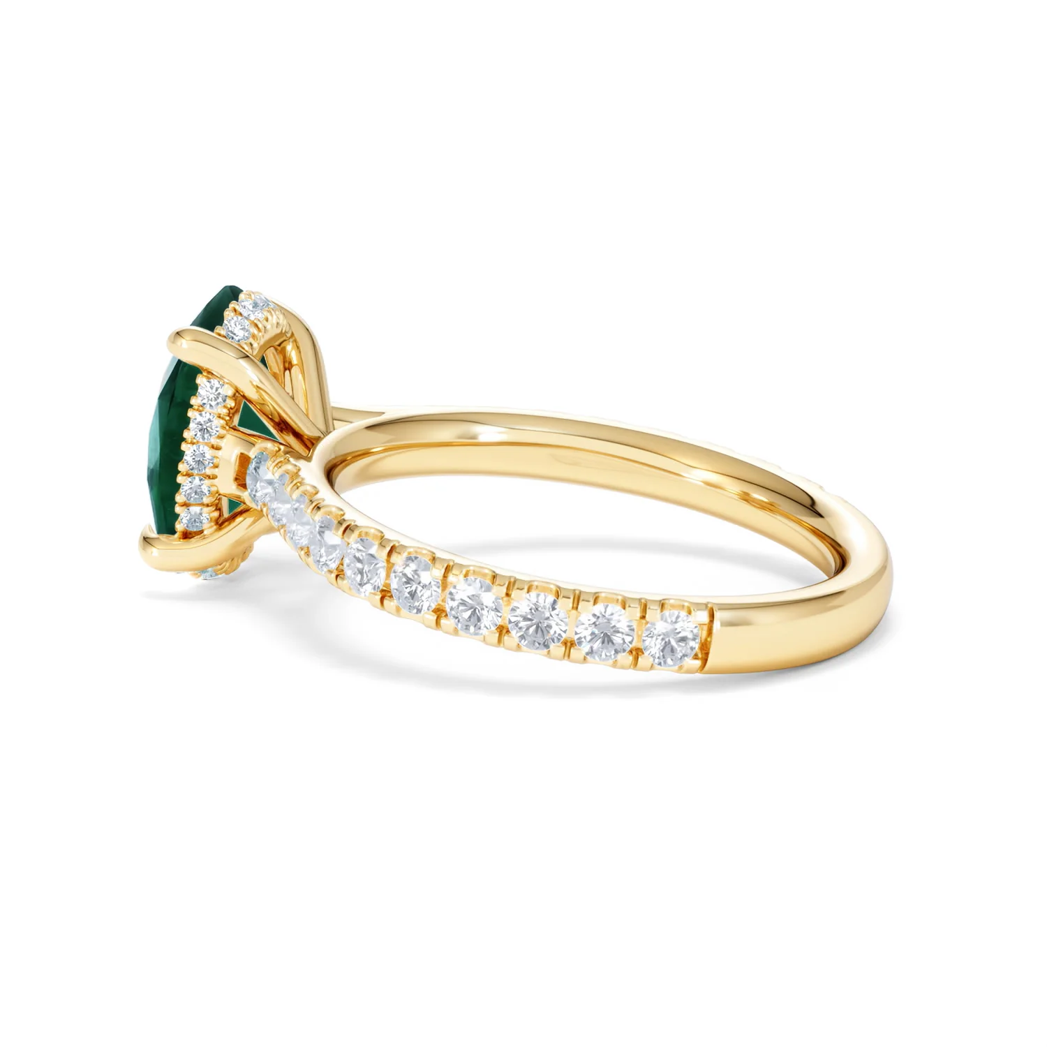 Amora Gem 2.00ct Oval Cut Lab Emerald Hidden Halo Engagement Ring with Side Stones in 18K Yellow Gold - Image 63