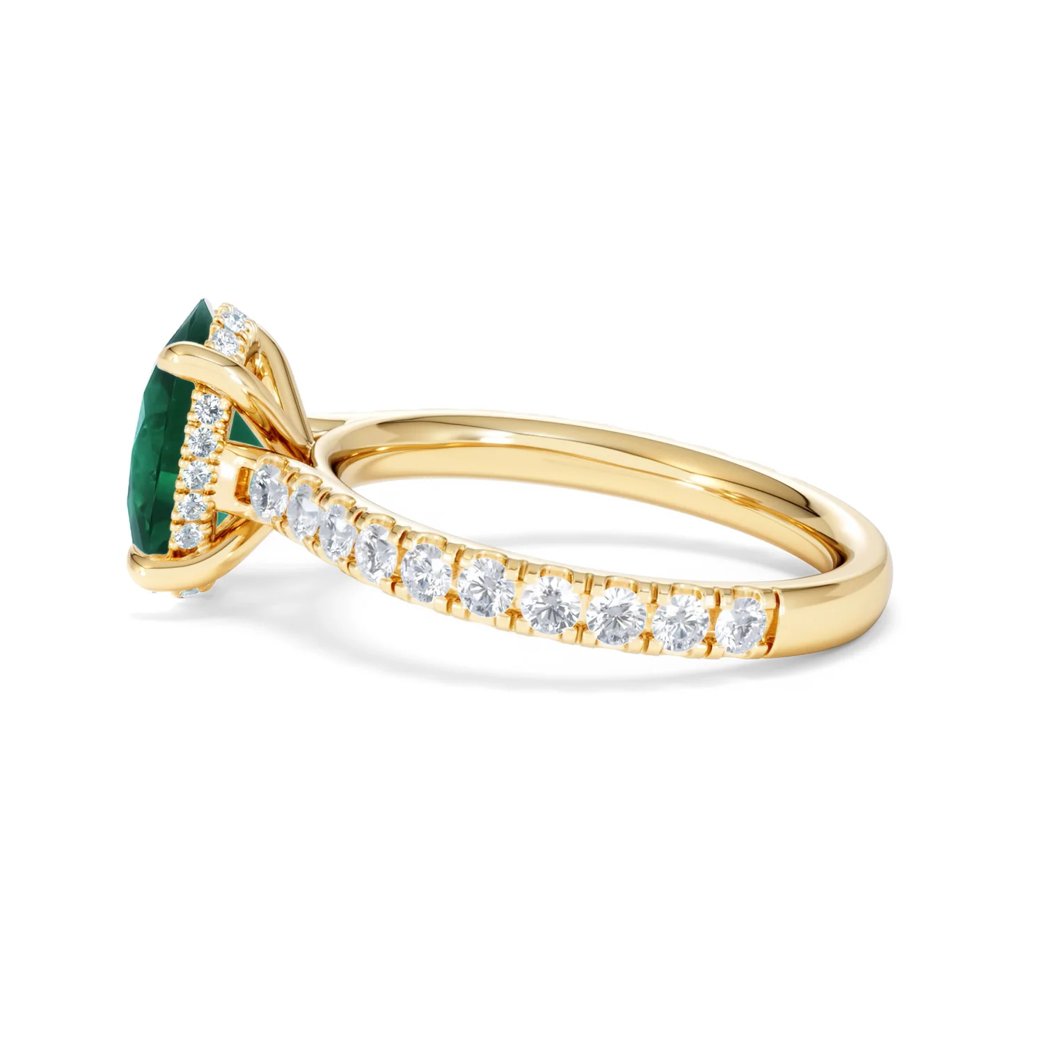Amora Gem 2.00ct Oval Cut Lab Emerald Hidden Halo Engagement Ring with Side Stones in 18K Yellow Gold - Image 66
