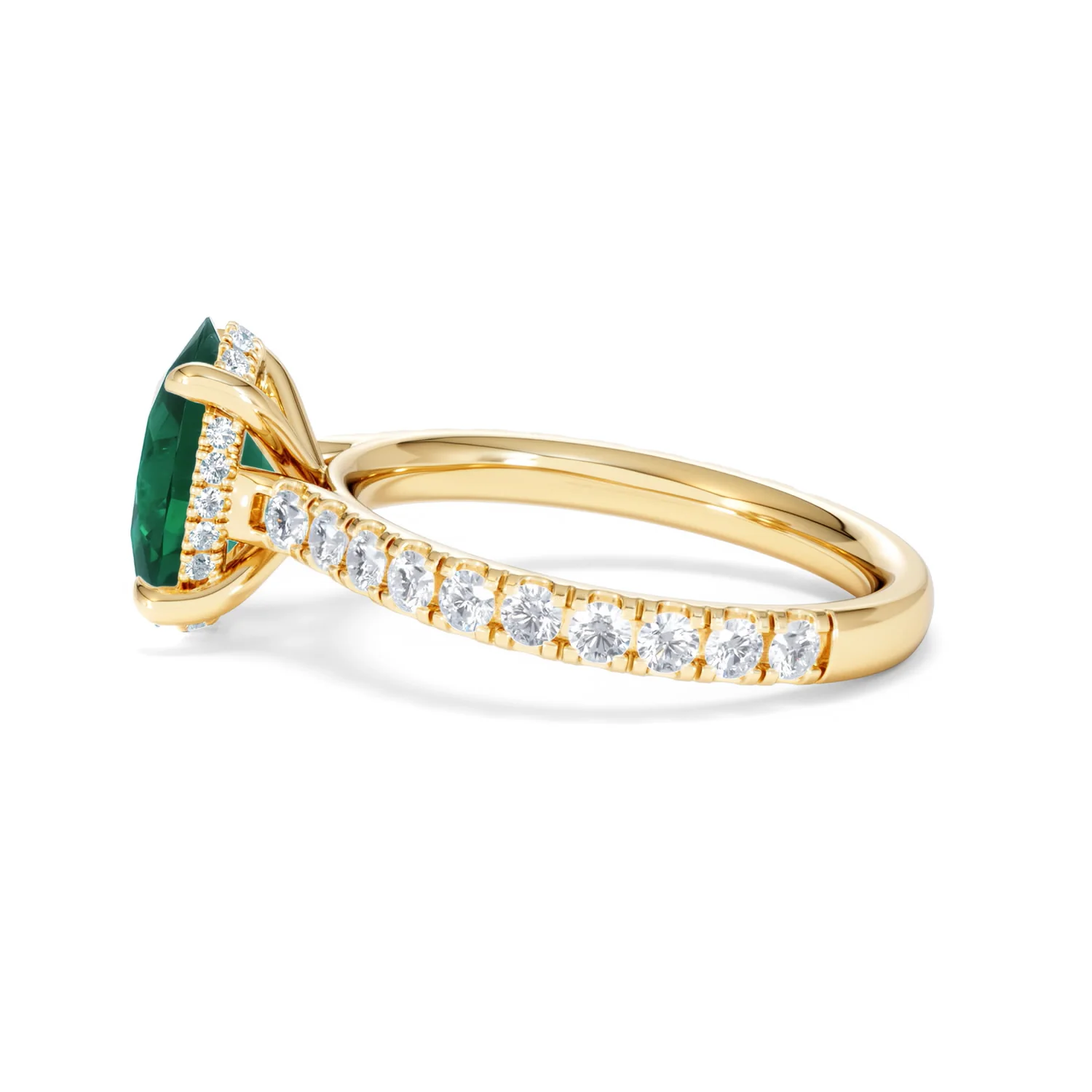 Amora Gem 2.00ct Oval Cut Lab Emerald Hidden Halo Engagement Ring with Side Stones in 18K Yellow Gold - Image 67