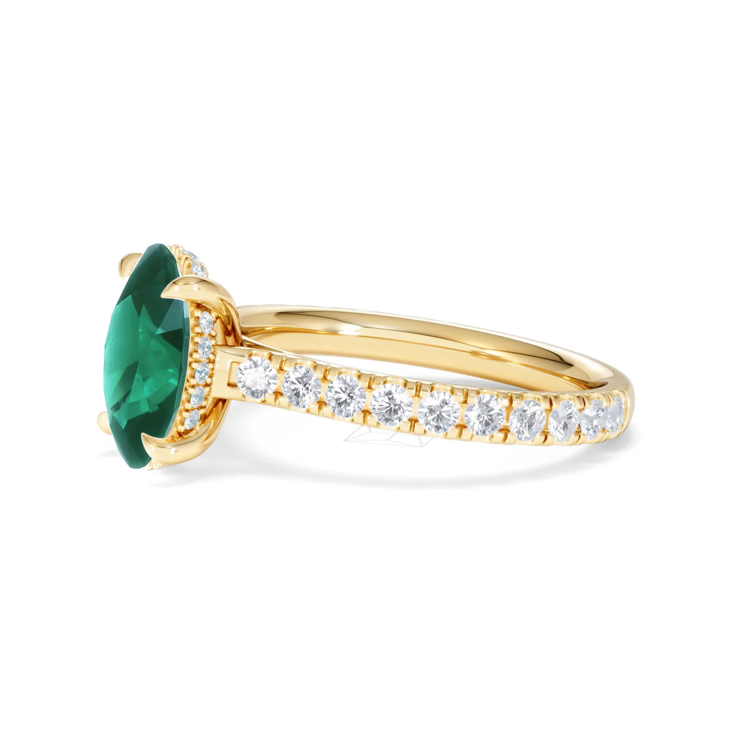 Amora Gem 2.00ct Oval Cut Lab Emerald Hidden Halo Engagement Ring with Side Stones in 18K Yellow Gold - Image 74