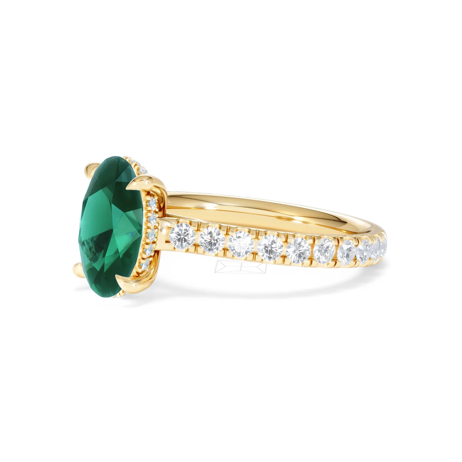 Amora Gem 2.00ct Oval Cut Lab Emerald Hidden Halo Engagement Ring with Side Stones in 18K Yellow Gold - Image 77