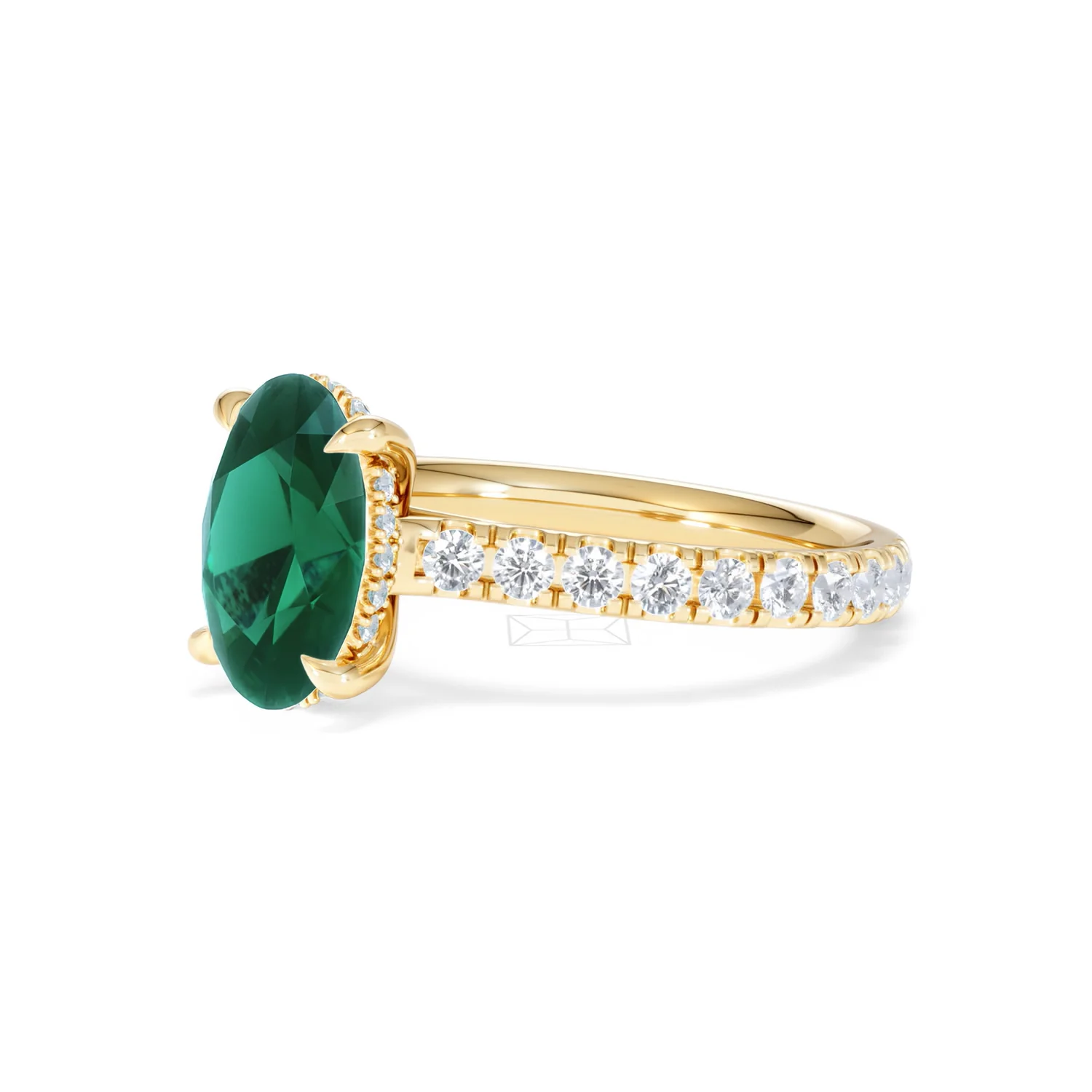 Amora Gem 2.00ct Oval Cut Lab Emerald Hidden Halo Engagement Ring with Side Stones in 18K Yellow Gold - Image 78