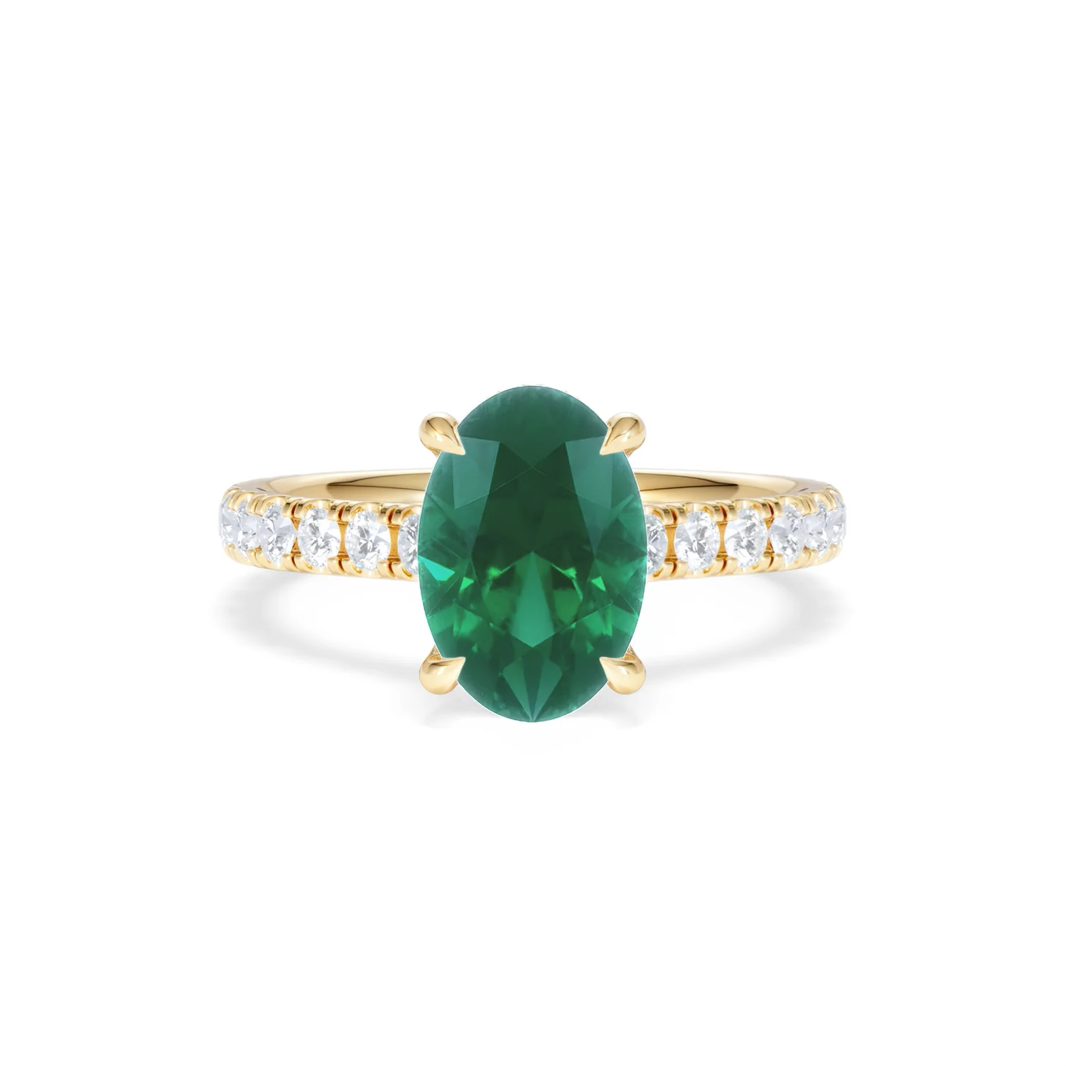 Amora Gem 2.00ct Oval Cut Lab Emerald Hidden Halo Engagement Ring with Side Stones in 18K Yellow Gold - Image 8