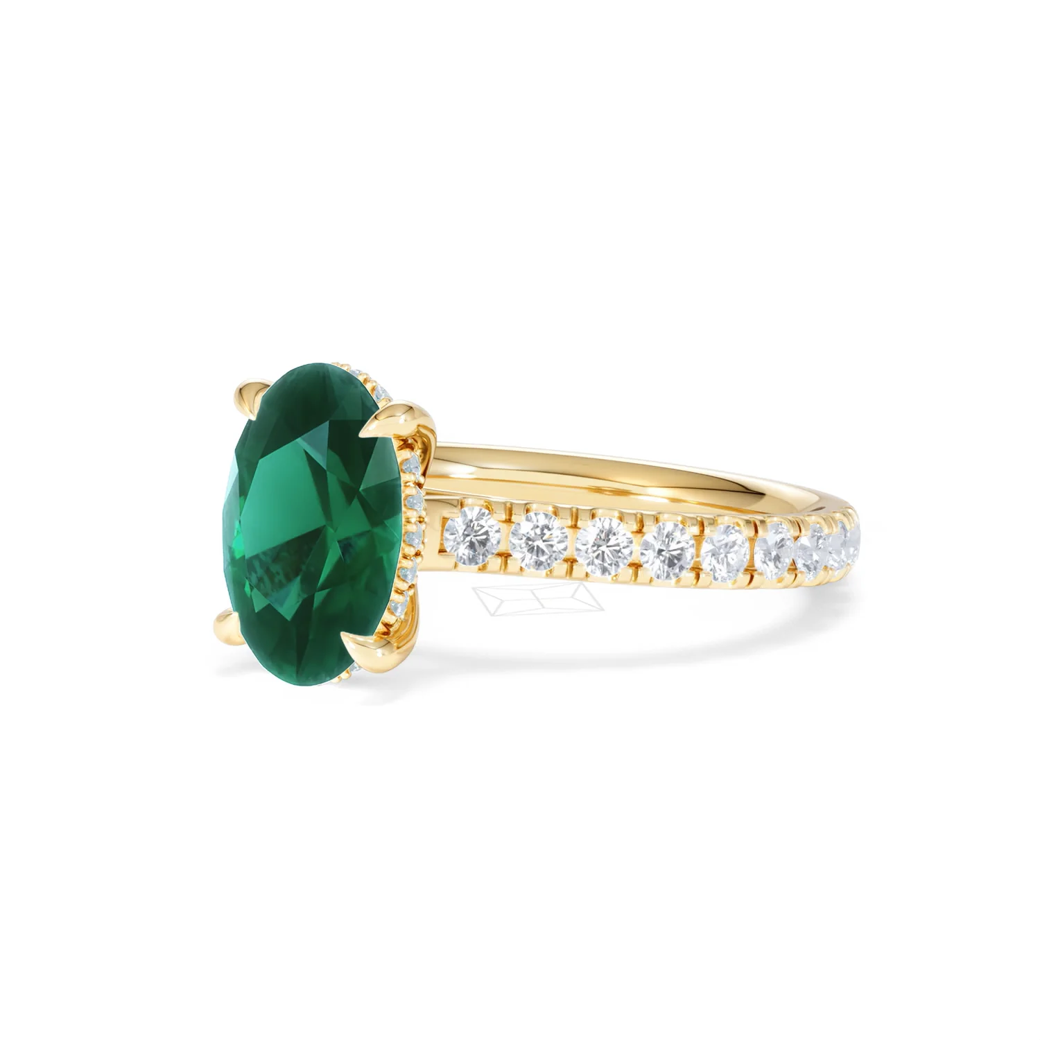 Amora Gem 2.00ct Oval Cut Lab Emerald Hidden Halo Engagement Ring with Side Stones in 18K Yellow Gold - Image 80