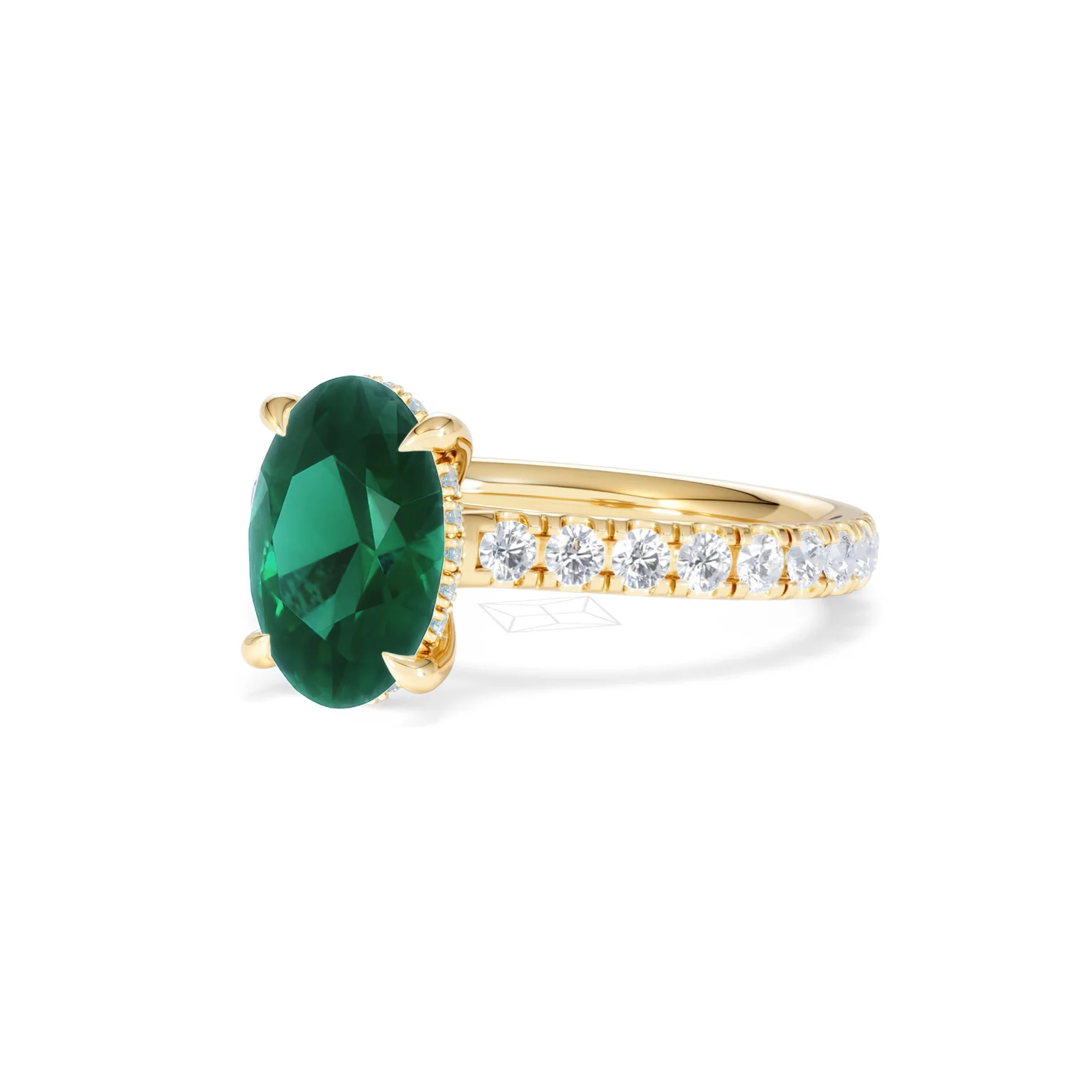 Amora Gem 2.00ct Oval Cut Lab Emerald Hidden Halo Engagement Ring with Side Stones in 18K Yellow Gold - Image 81
