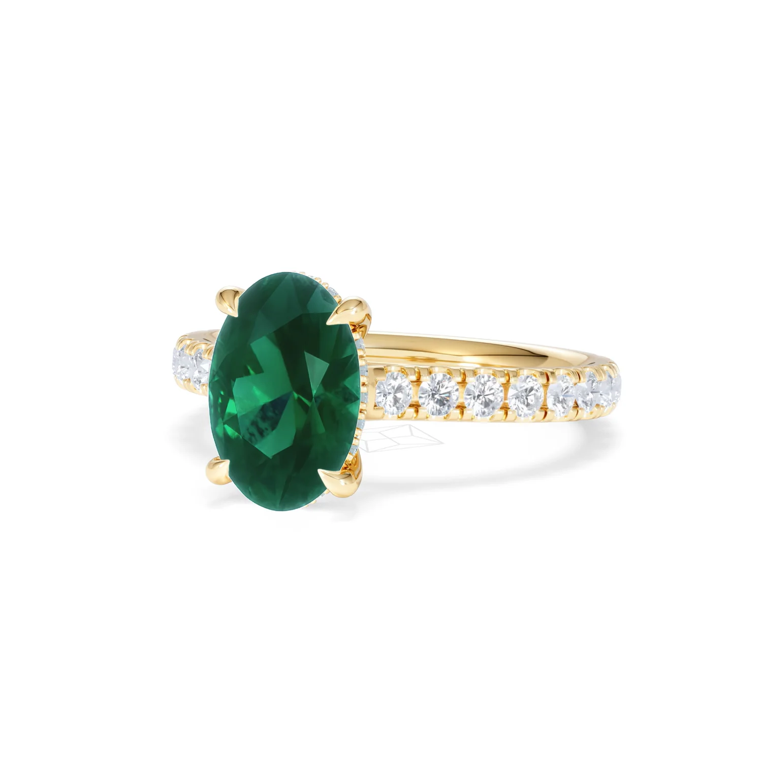 Amora Gem 2.00ct Oval Cut Lab Emerald Hidden Halo Engagement Ring with Side Stones in 18K Yellow Gold - Image 83