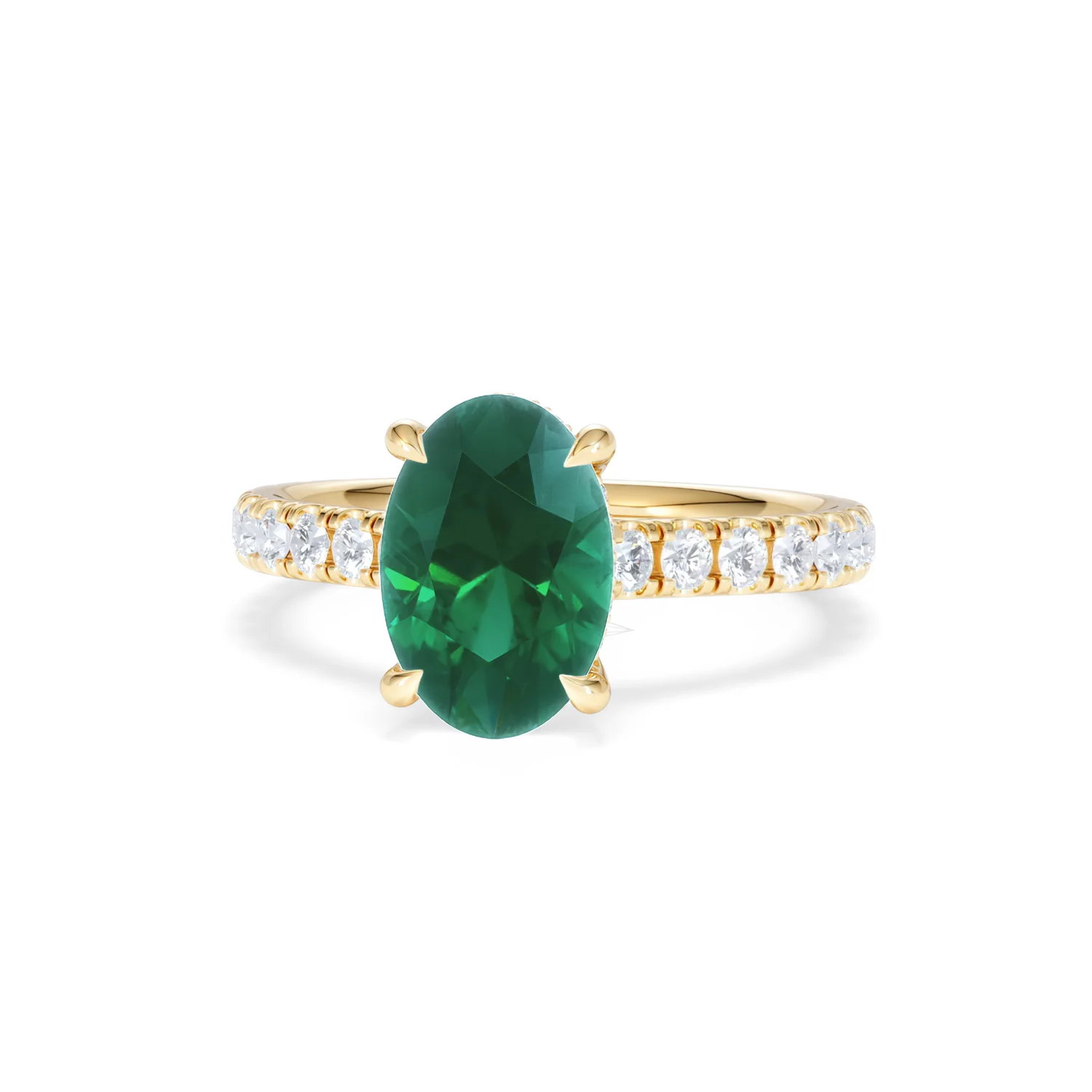 Amora Gem 2.00ct Oval Cut Lab Emerald Hidden Halo Engagement Ring with Side Stones in 18K Yellow Gold - Image 86