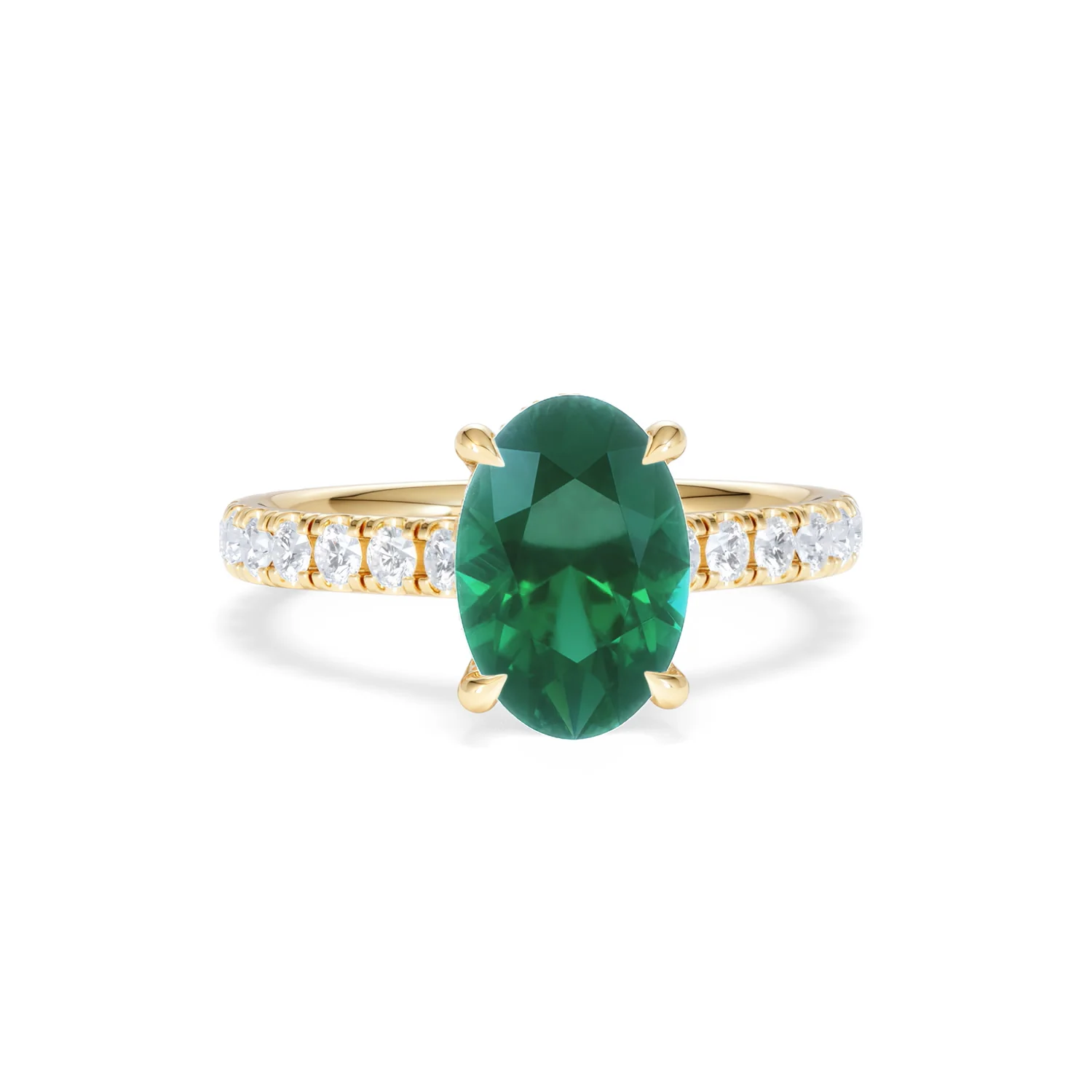Amora Gem 2.00ct Oval Cut Lab Emerald Hidden Halo Engagement Ring with Side Stones in 18K Yellow Gold - Image 9