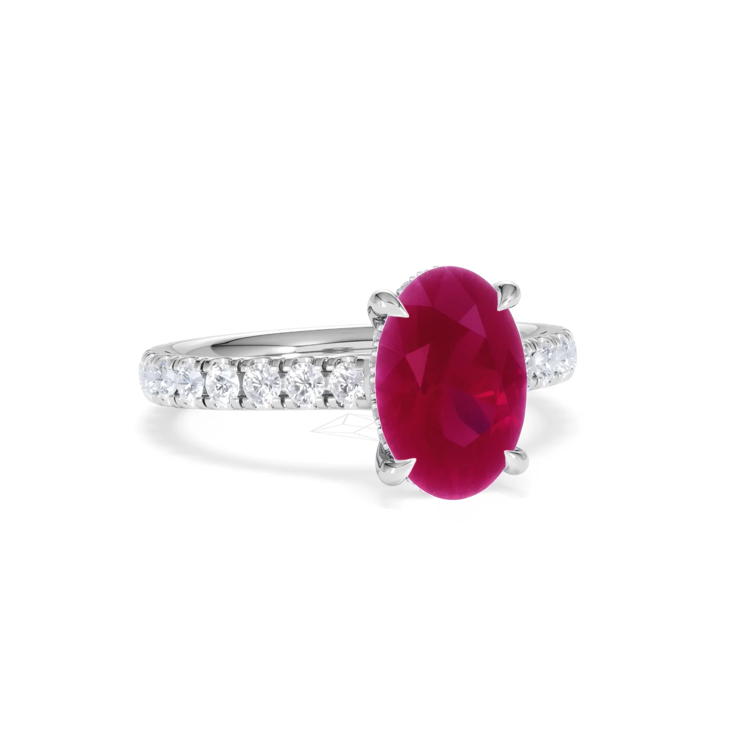 Amora Gem 2.00ct Oval Cut Lab Ruby Hidden Halo Engagement Ring with Side Stones in 18K White Gold - Image 13