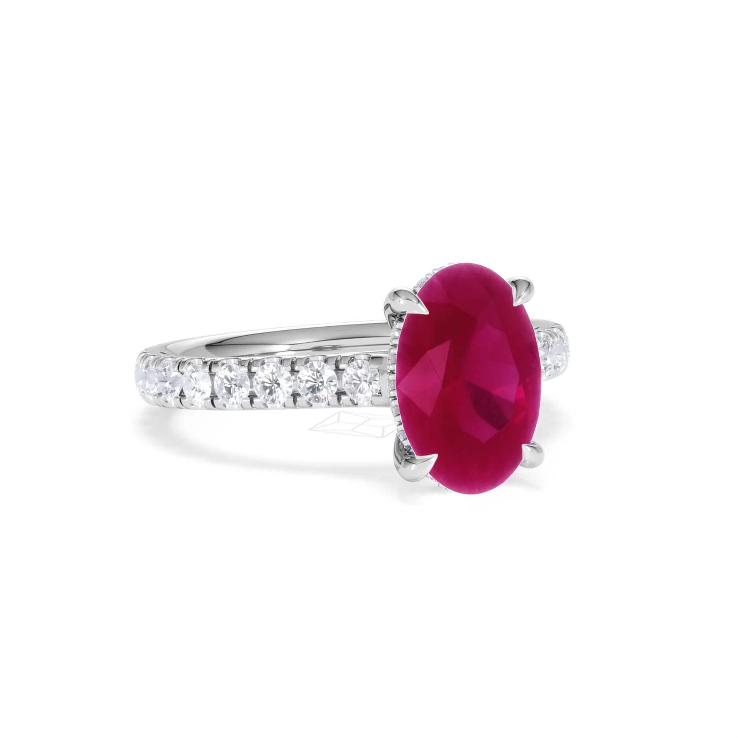 Amora Gem 2.00ct Oval Cut Lab Ruby Hidden Halo Engagement Ring with Side Stones in 18K White Gold - Image 14