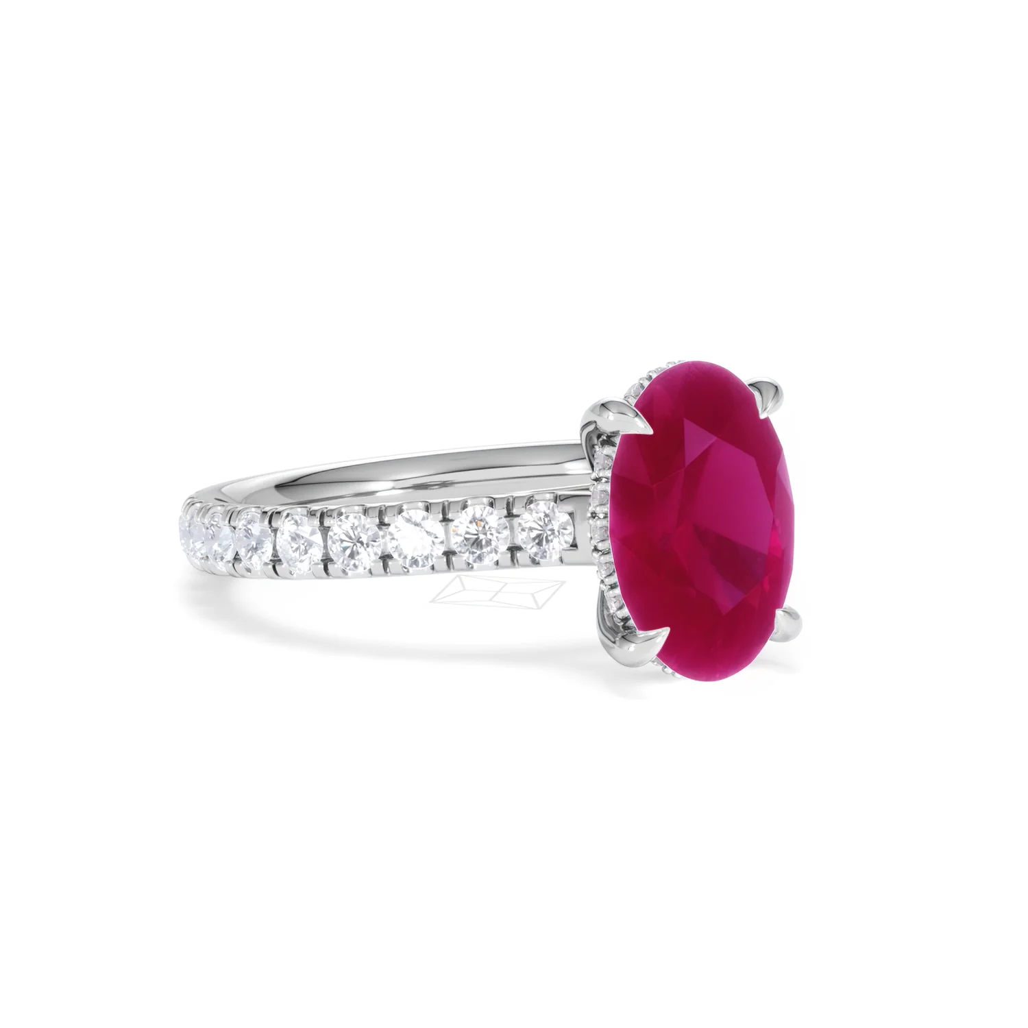 Amora Gem 2.00ct Oval Cut Lab Ruby Hidden Halo Engagement Ring with Side Stones in 18K White Gold - Image 16