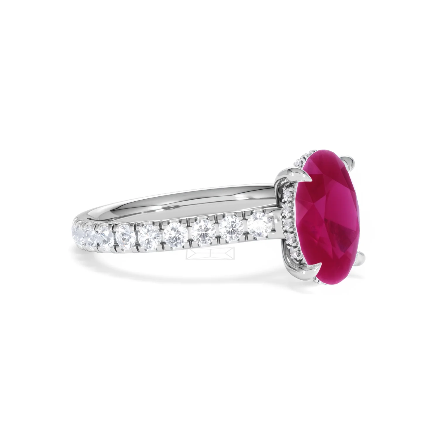 Amora Gem 2.00ct Oval Cut Lab Ruby Hidden Halo Engagement Ring with Side Stones in 18K White Gold - Image 19