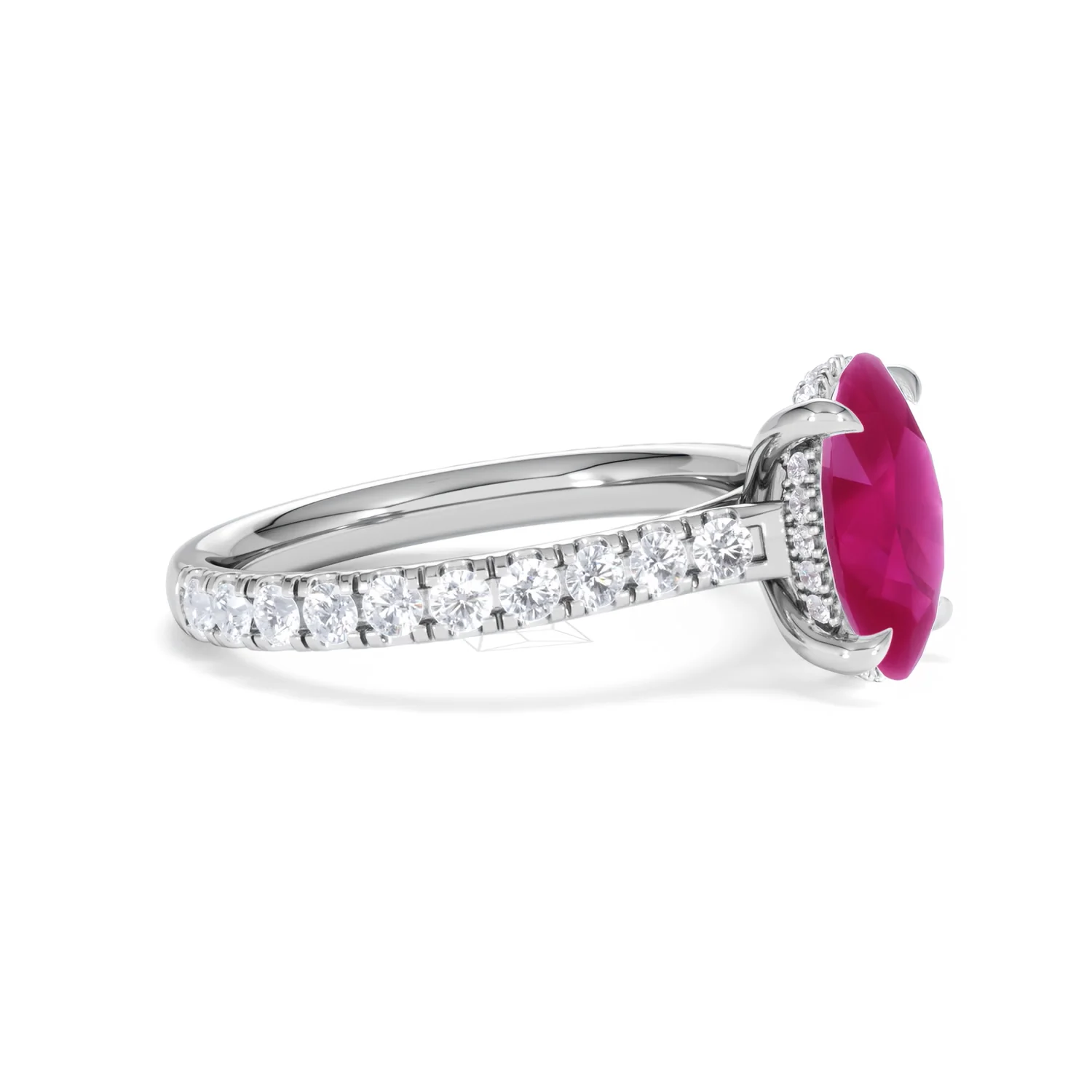 Amora Gem 2.00ct Oval Cut Lab Ruby Hidden Halo Engagement Ring with Side Stones in 18K White Gold - Image 23