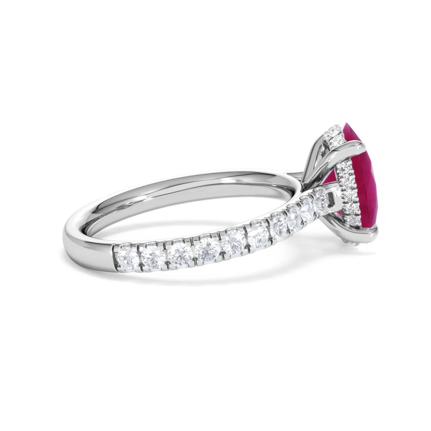 Amora Gem 2.00ct Oval Cut Lab Ruby Hidden Halo Engagement Ring with Side Stones in 18K White Gold - Image 31