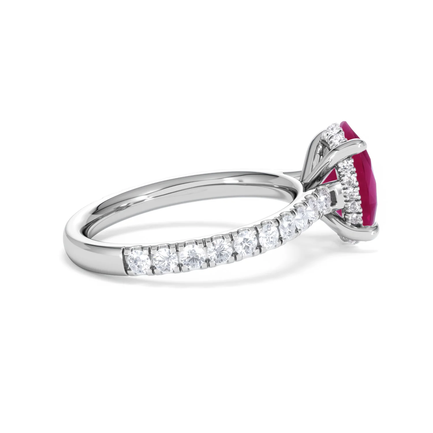 Amora Gem 2.00ct Oval Cut Lab Ruby Hidden Halo Engagement Ring with Side Stones in 18K White Gold - Image 32