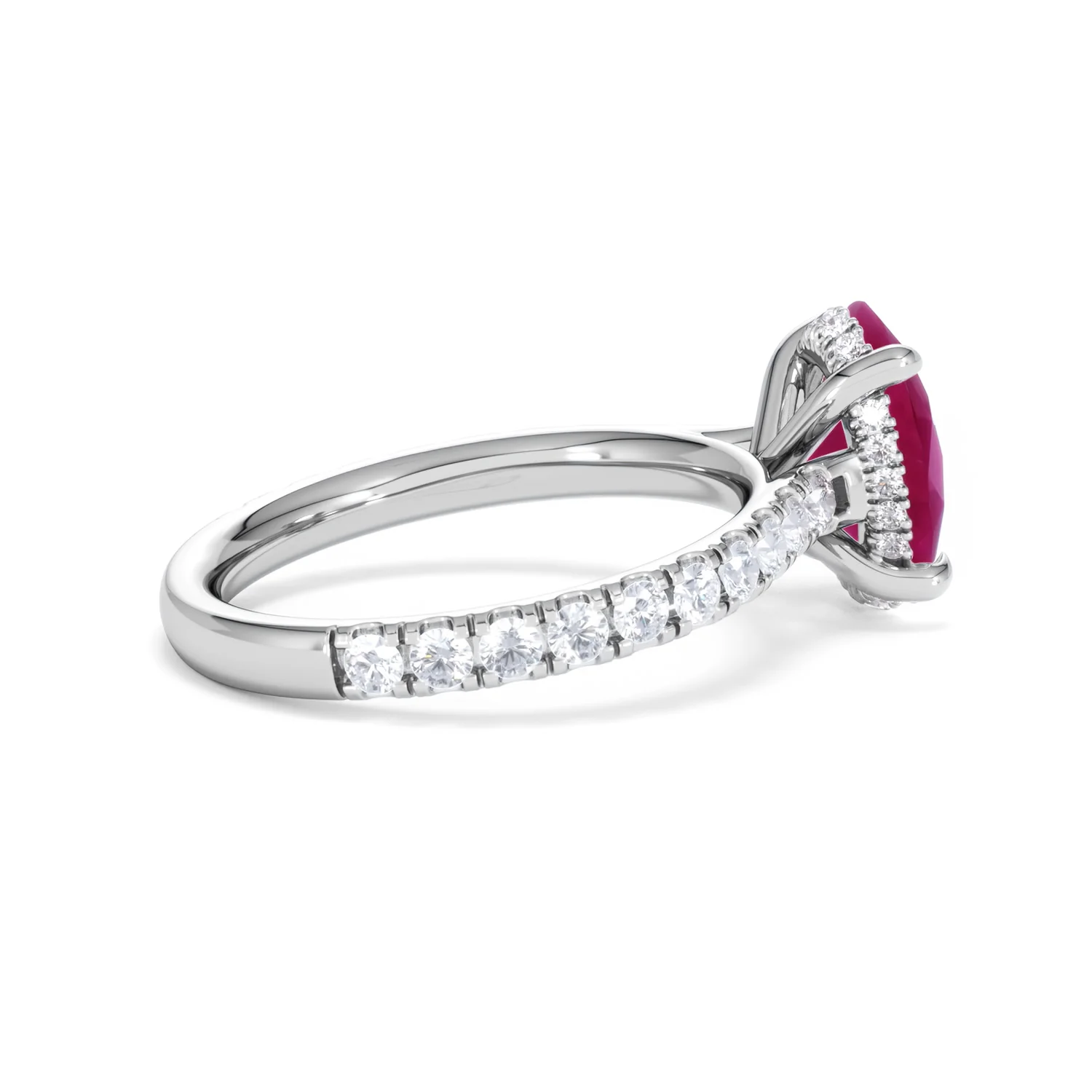 Amora Gem 2.00ct Oval Cut Lab Ruby Hidden Halo Engagement Ring with Side Stones in 18K White Gold - Image 33
