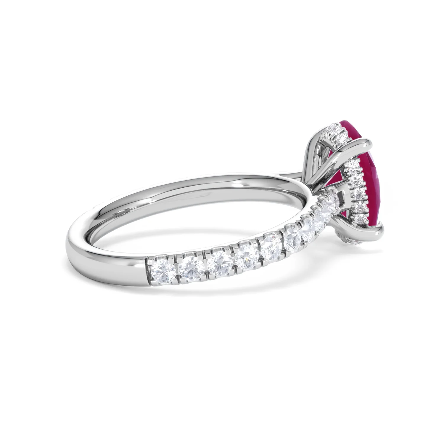 Amora Gem 2.00ct Oval Cut Lab Ruby Hidden Halo Engagement Ring with Side Stones in 18K White Gold - Image 34