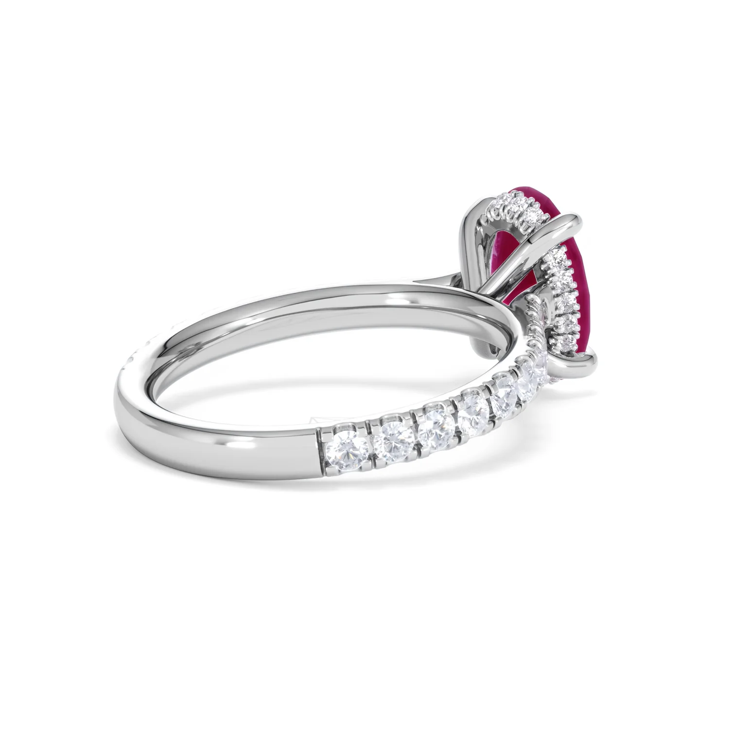 Amora Gem 2.00ct Oval Cut Lab Ruby Hidden Halo Engagement Ring with Side Stones in 18K White Gold - Image 38