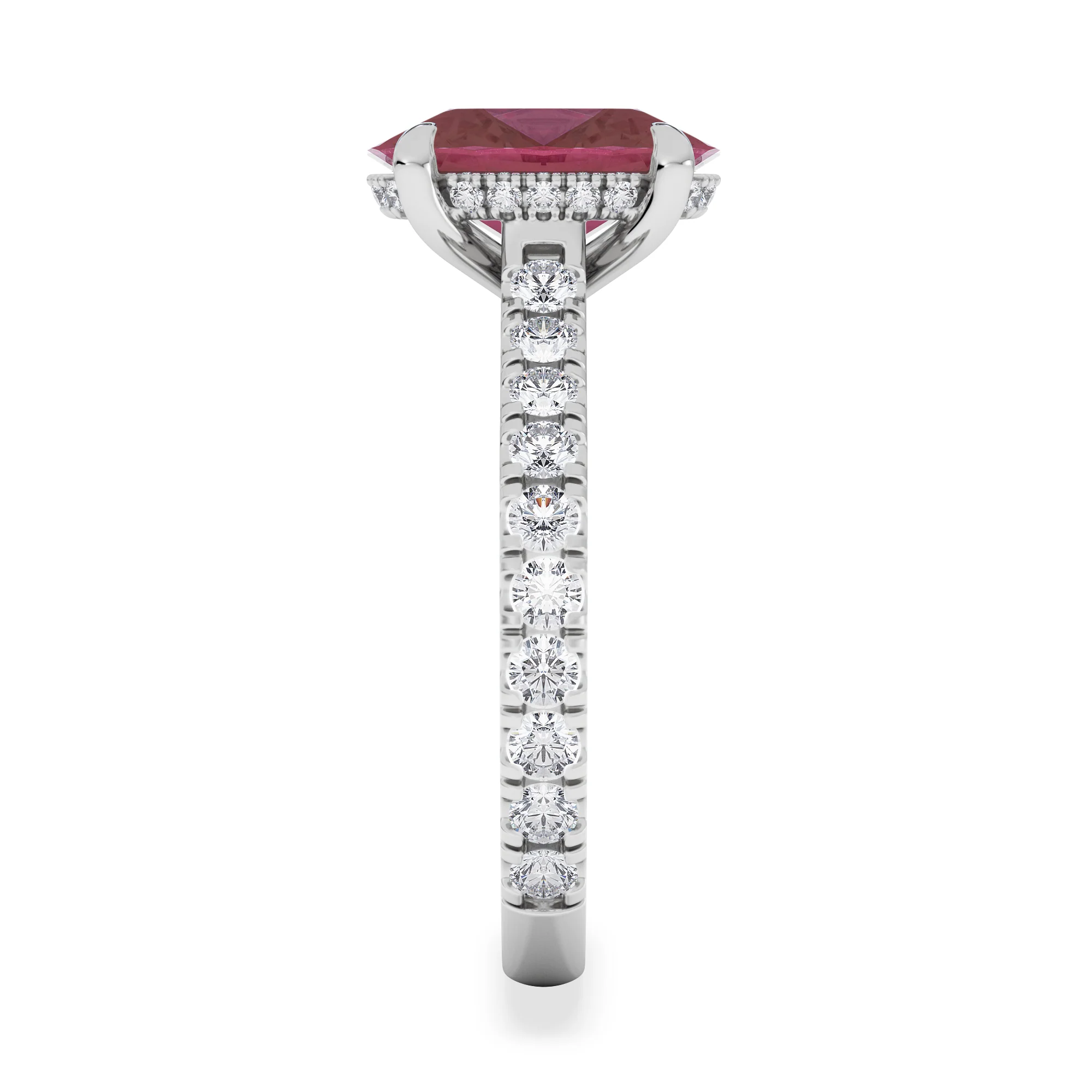 Amora Gem 2.00ct Oval Cut Lab Ruby Hidden Halo Engagement Ring with Side Stones in 18K White Gold - Image 5