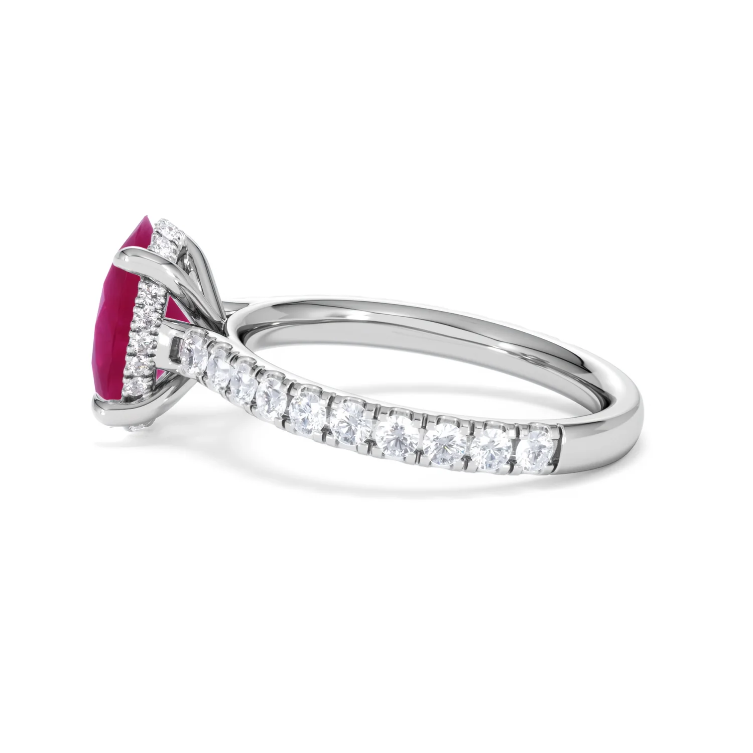 Amora Gem 2.00ct Oval Cut Lab Ruby Hidden Halo Engagement Ring with Side Stones in 18K White Gold - Image 67