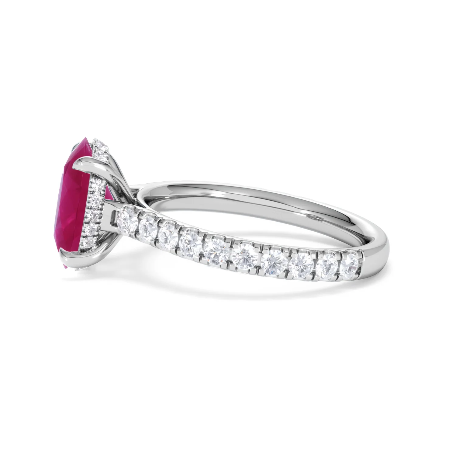 Amora Gem 2.00ct Oval Cut Lab Ruby Hidden Halo Engagement Ring with Side Stones in 18K White Gold - Image 70
