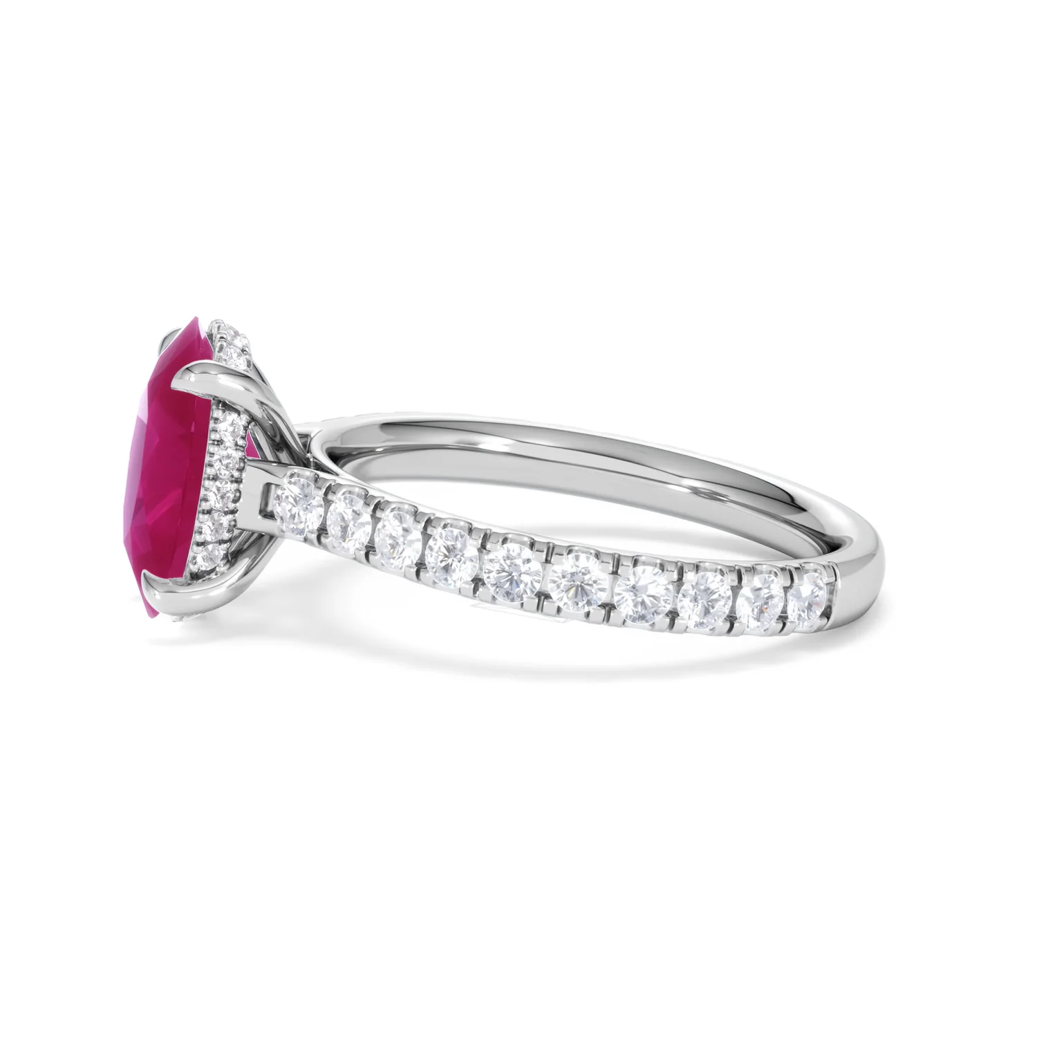 Amora Gem 2.00ct Oval Cut Lab Ruby Hidden Halo Engagement Ring with Side Stones in 18K White Gold - Image 71