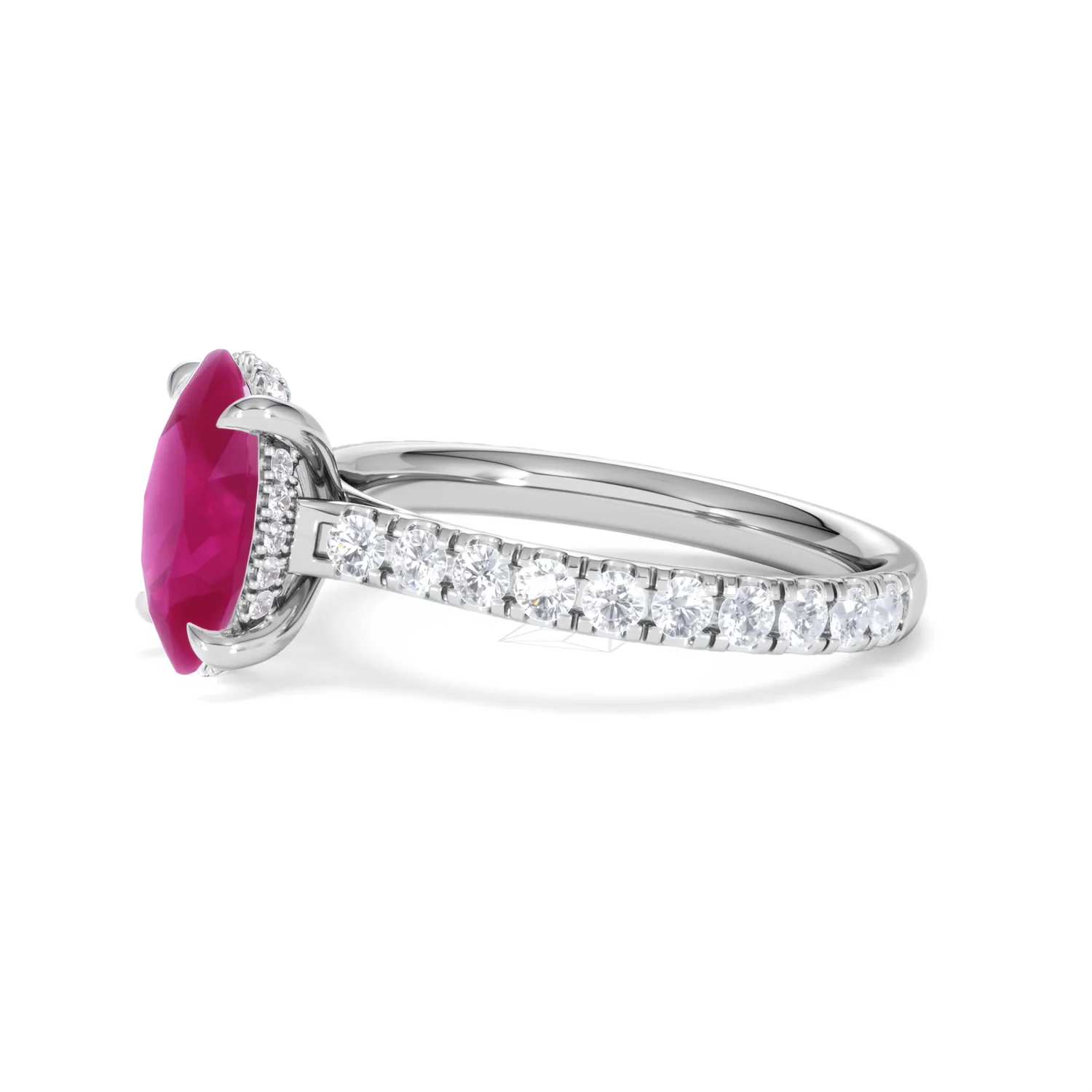 Amora Gem 2.00ct Oval Cut Lab Ruby Hidden Halo Engagement Ring with Side Stones in 18K White Gold - Image 74
