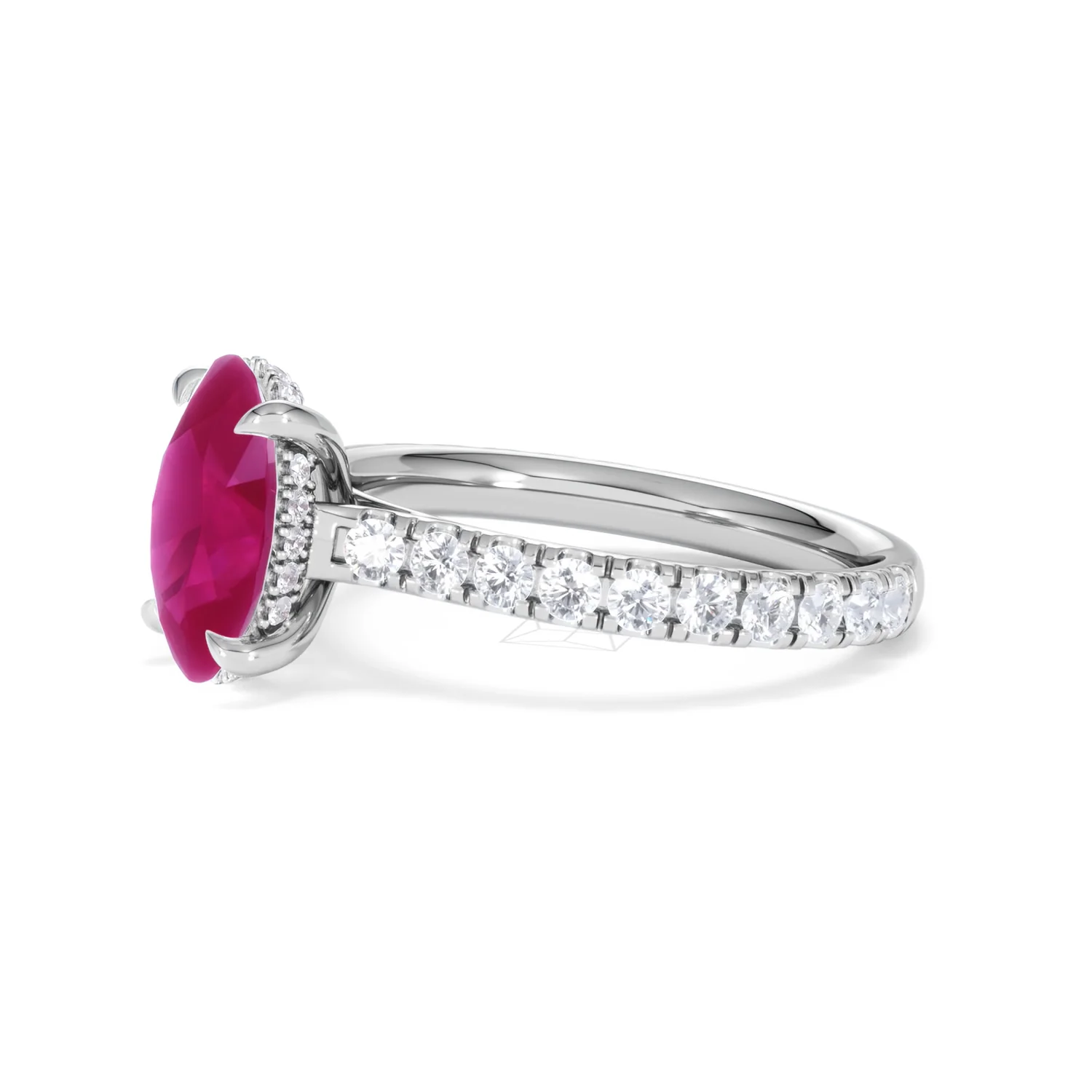 Amora Gem 2.00ct Oval Cut Lab Ruby Hidden Halo Engagement Ring with Side Stones in 18K White Gold - Image 75
