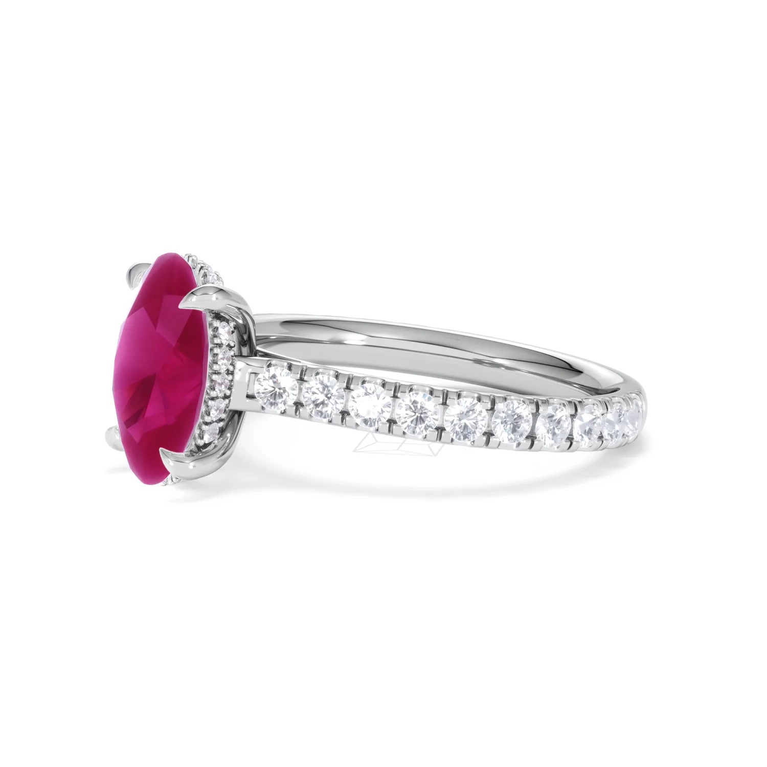 Amora Gem 2.00ct Oval Cut Lab Ruby Hidden Halo Engagement Ring with Side Stones in 18K White Gold - Image 76