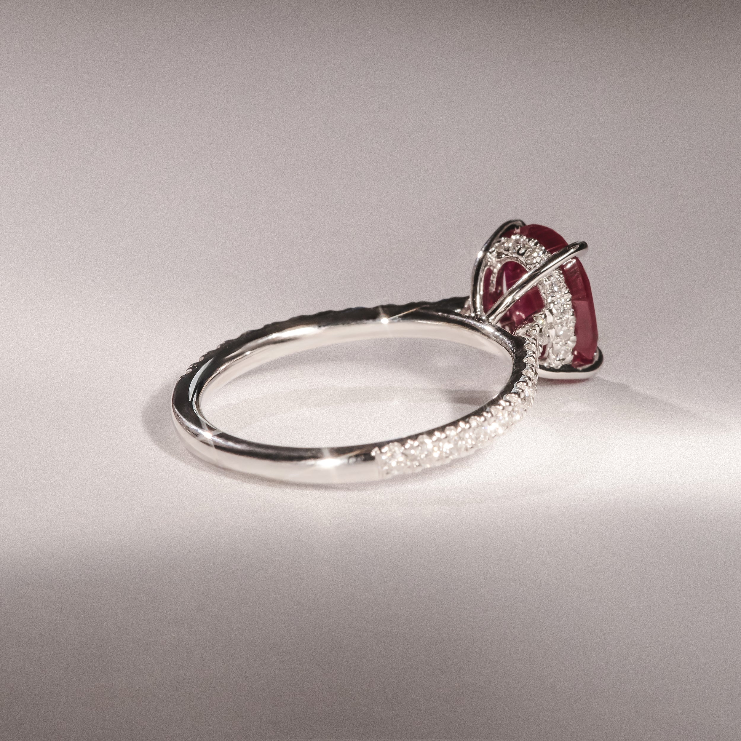 Amora Gem 2.00ct Oval Cut Lab Ruby Hidden Halo Engagement Ring with Side Stones in 18K White Gold - Image 8